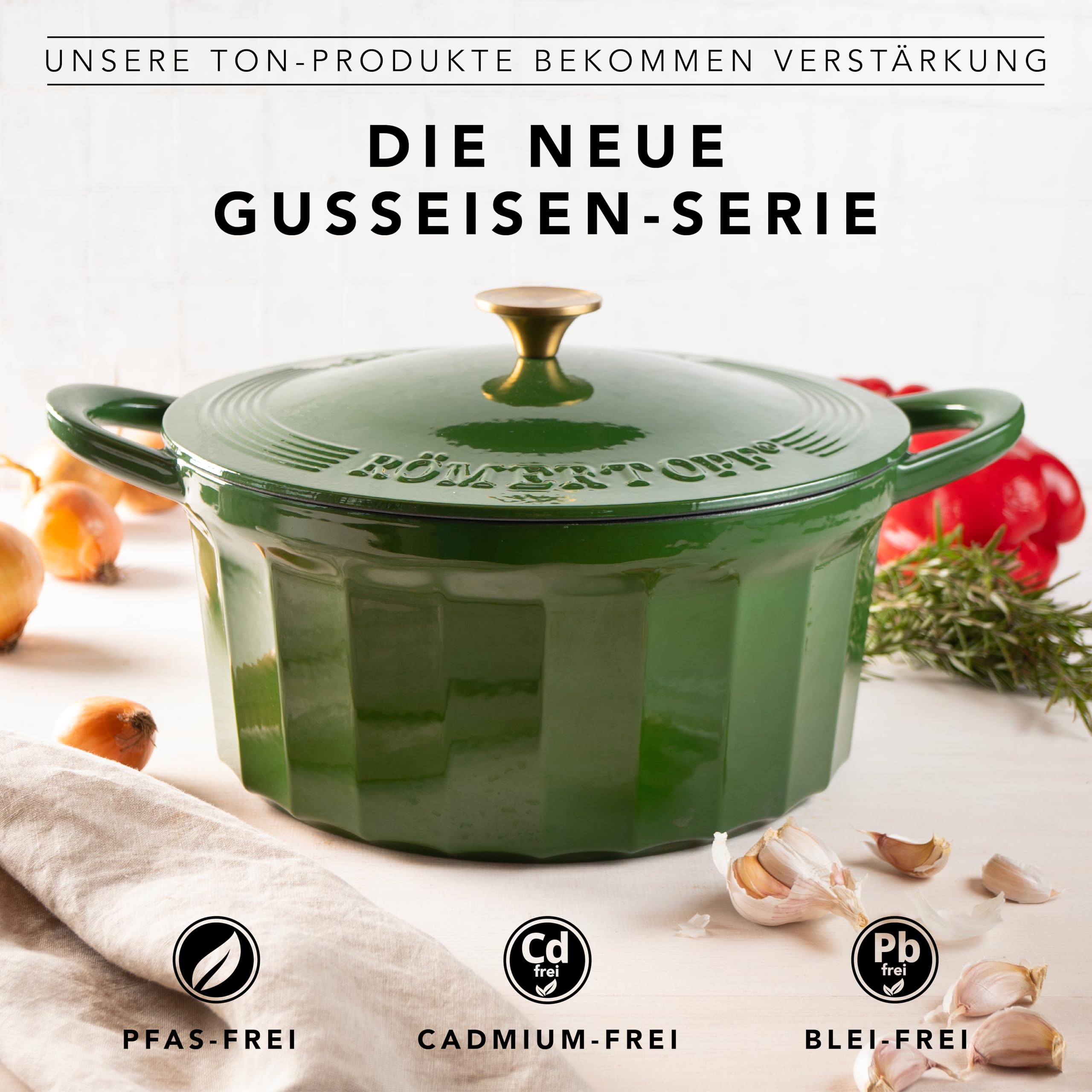Römertopf Gusseisen Topf mit Deckel 28 cm – Bräter & Schmortopf emailliert, Dutch Oven für alle Herdarten inkl. Induktion, backofenfest bis 250 °C, PFAS-frei – Grün