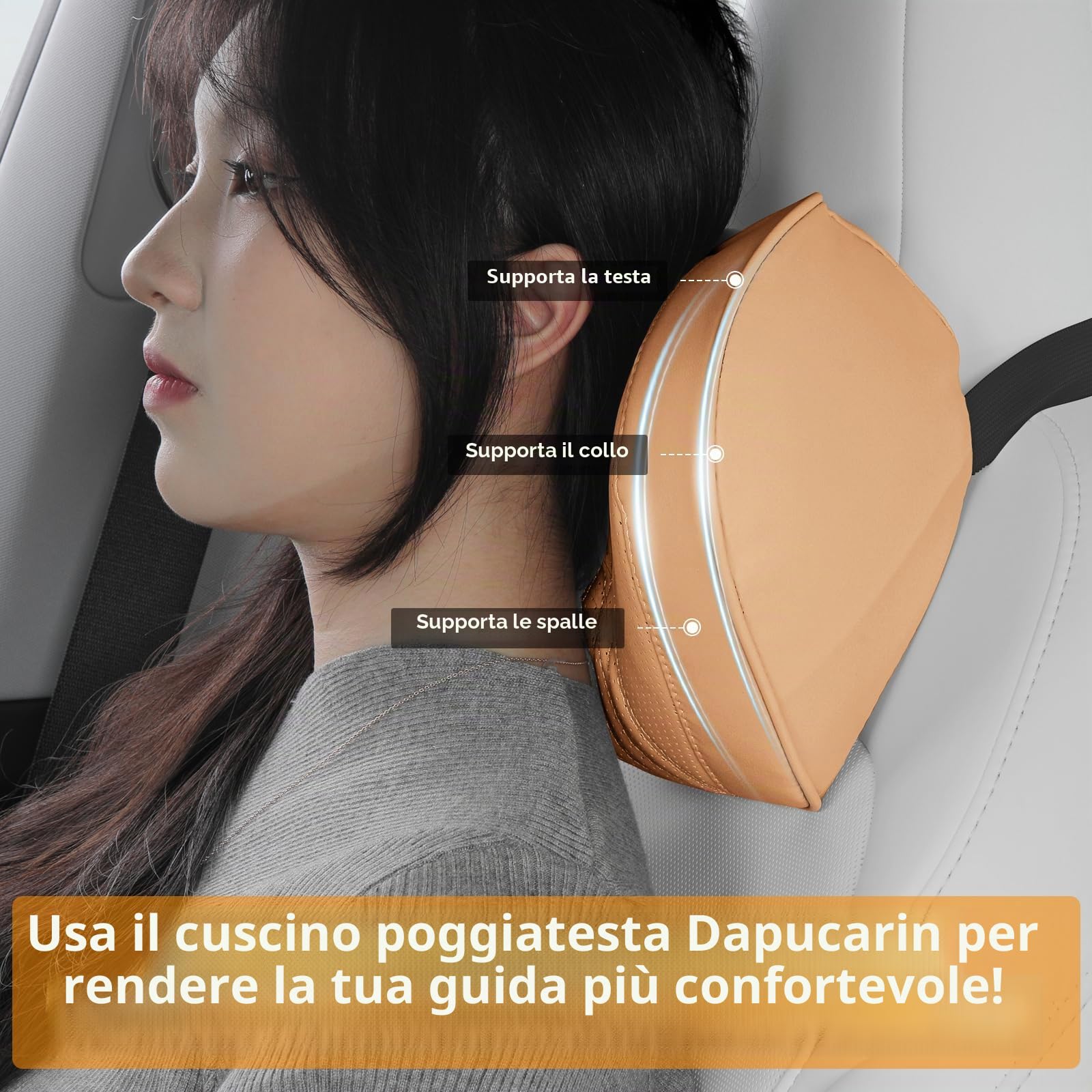 Cuscino per il Collo dell'auto in Memory Foam, Poggiatesta in Pelle di Alta Qualità, Cuscino di Supporto per il Collo Universale per la Guida, Casa e Ufficio, Marrone Palomino, 2 Pezzi