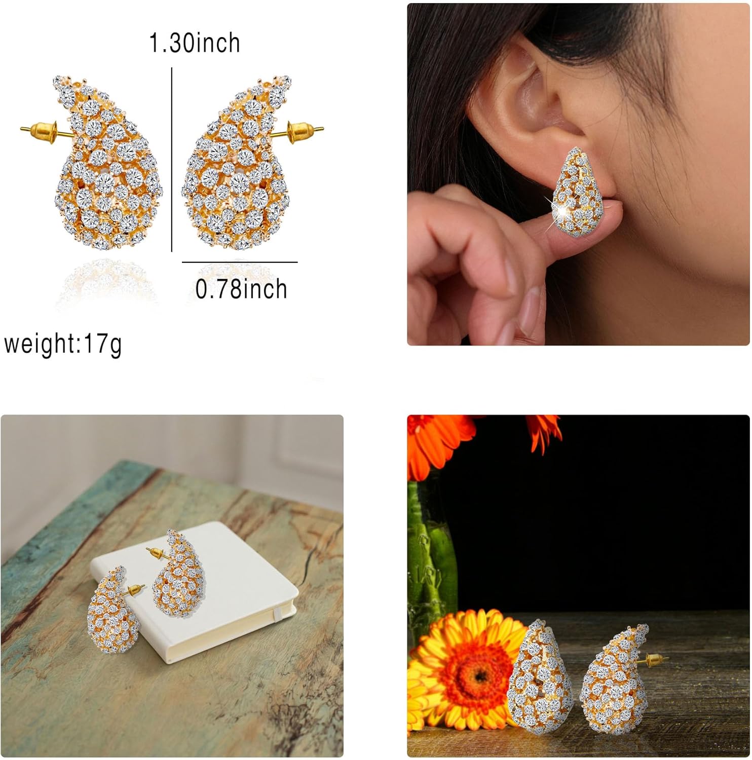 Hollow Rhinestone Chunky Hoop Earrings Gold Crystal Teardrop Earrings for Women Fashion Jewelry for Women Gift - Image 3