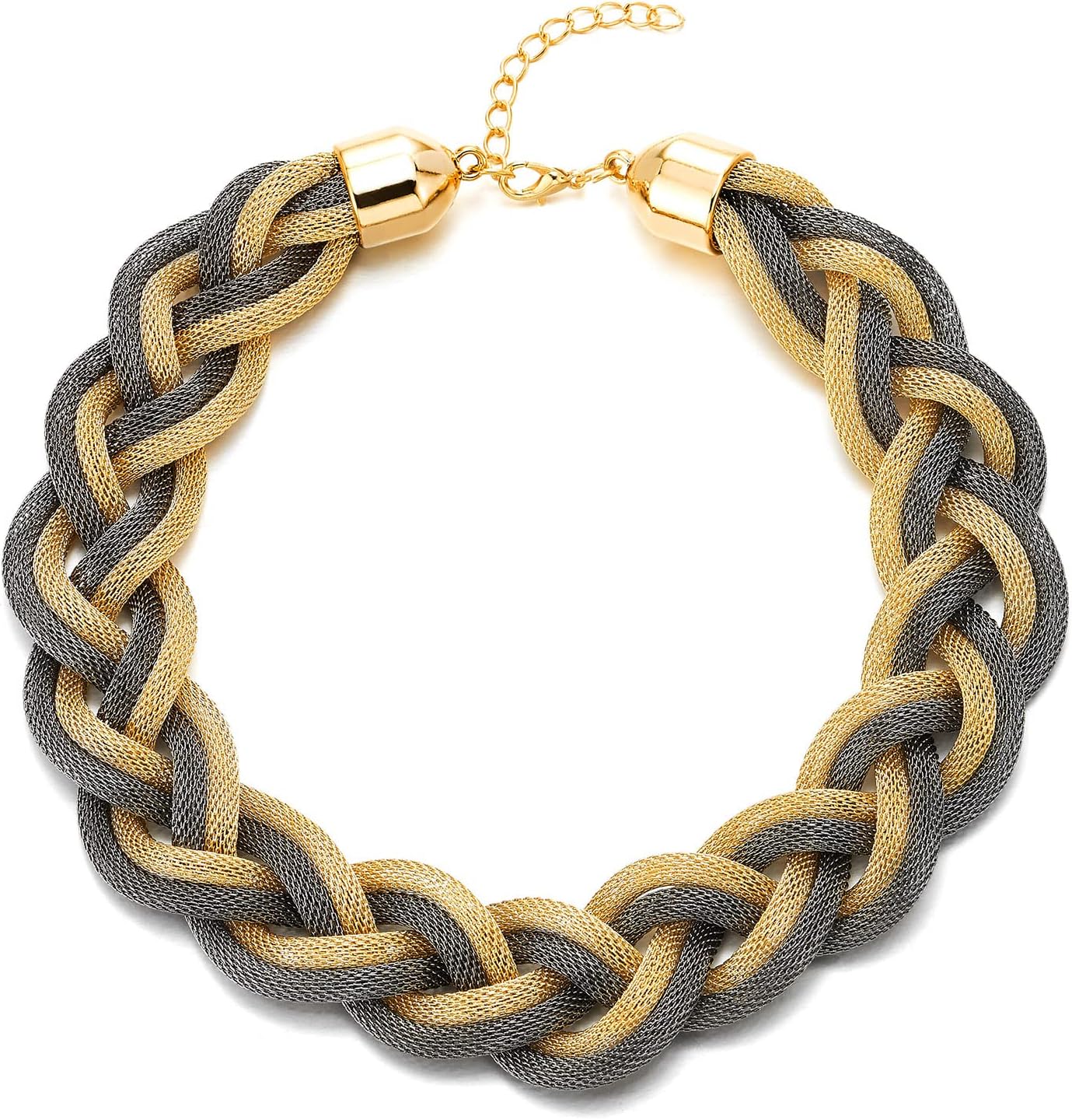 COOLSTEELANDBEYOND Statement Necklace, Large Bib Choker Necklace, Gold and Grey Braided Hollow Cable Mesh Collar, Dress Prom