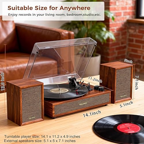 Miniatura 14 de Tocadiscos de vinilo con altavoces externos, tocadiscos vintage de 3 velocidades con altavoces estéreo, salida de audio RCA y entrada auxiliar