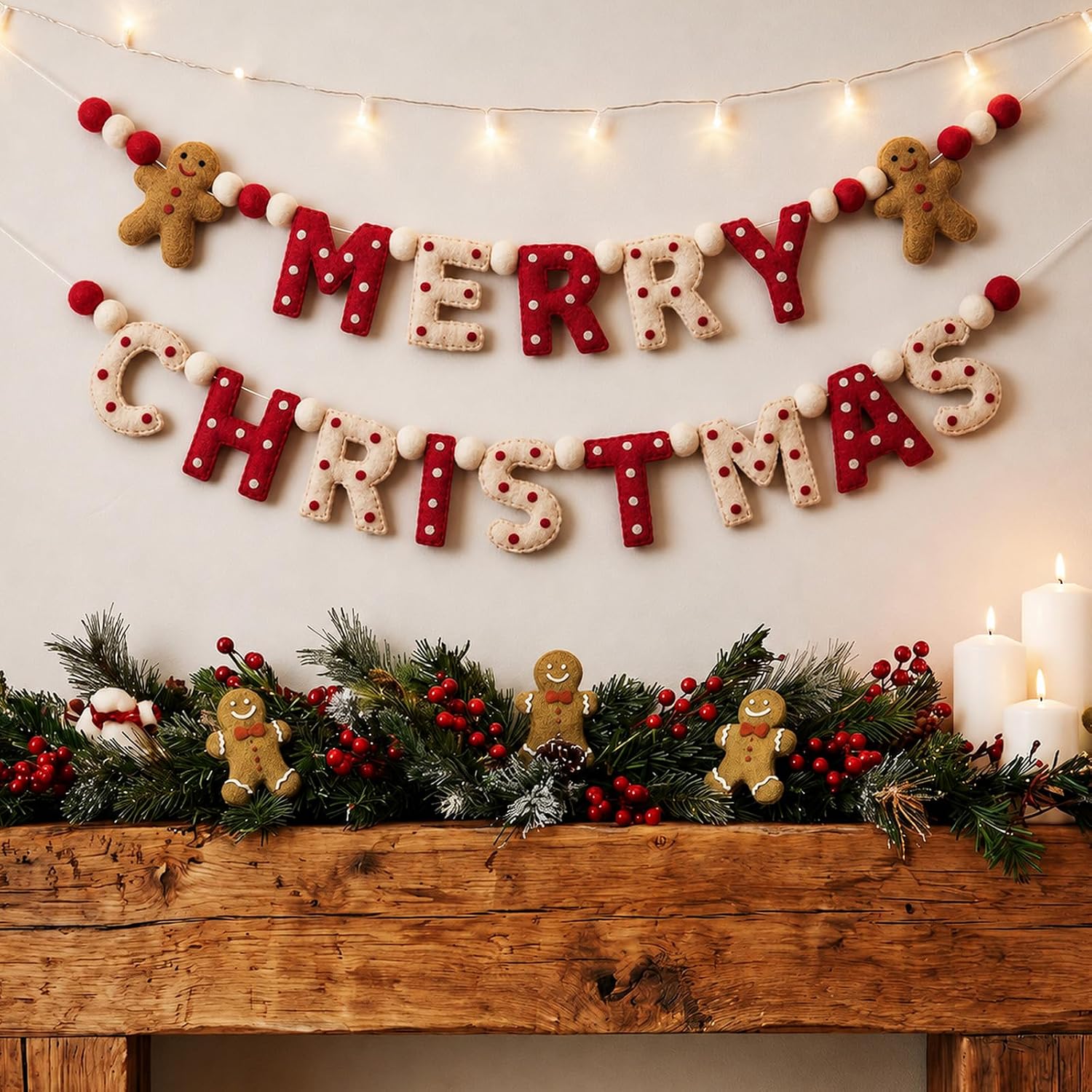 HunnmingRe Merry Christmas Felt Garland 10 ft Gingerbread Man Ball Banner
