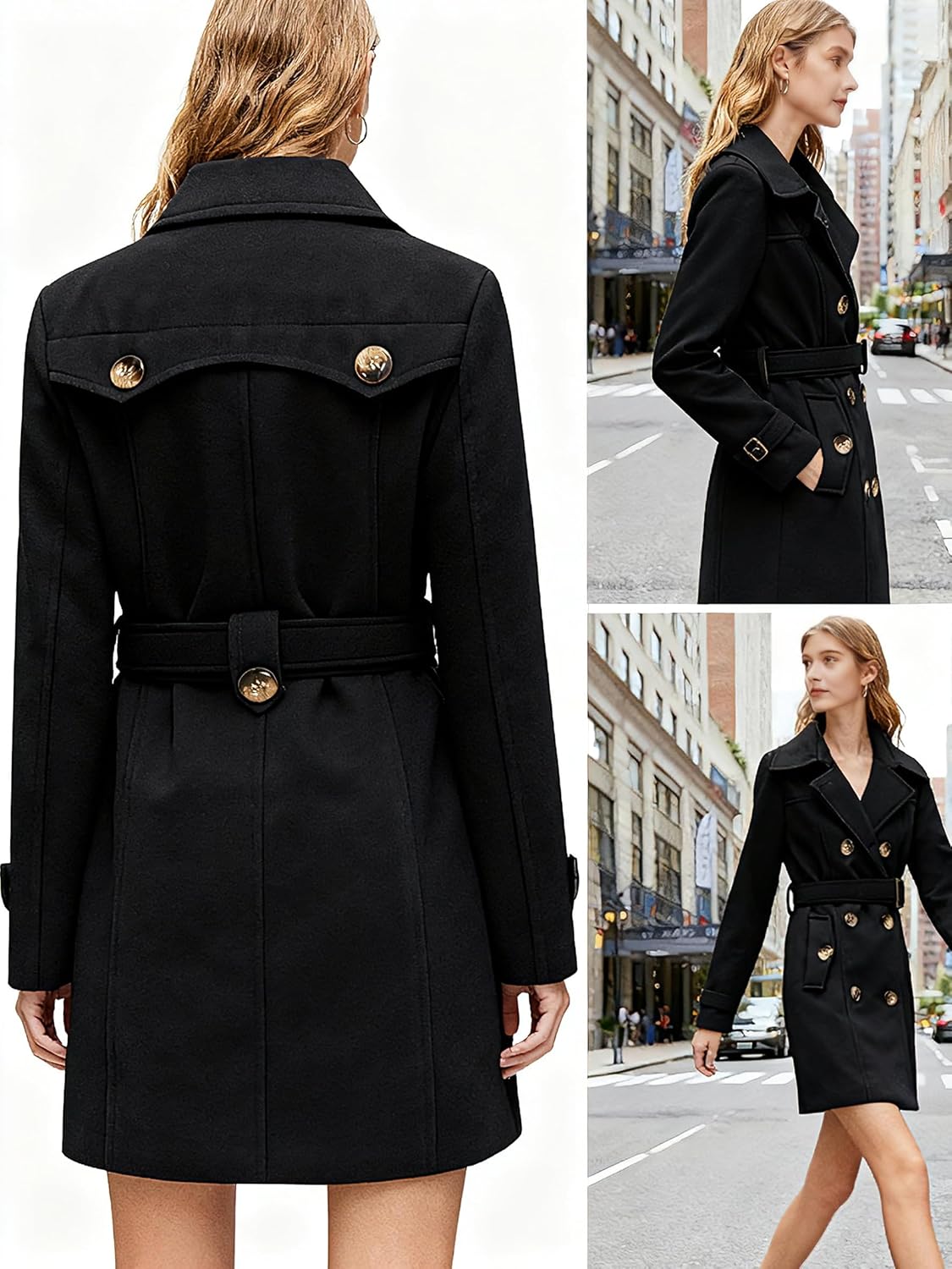 ForeMode Women Swing Double Breasted Wool Pea Coat with Belt Buckle Spring Mid-Long Long Sleeve Lapel Dresses Outwear - Image 5