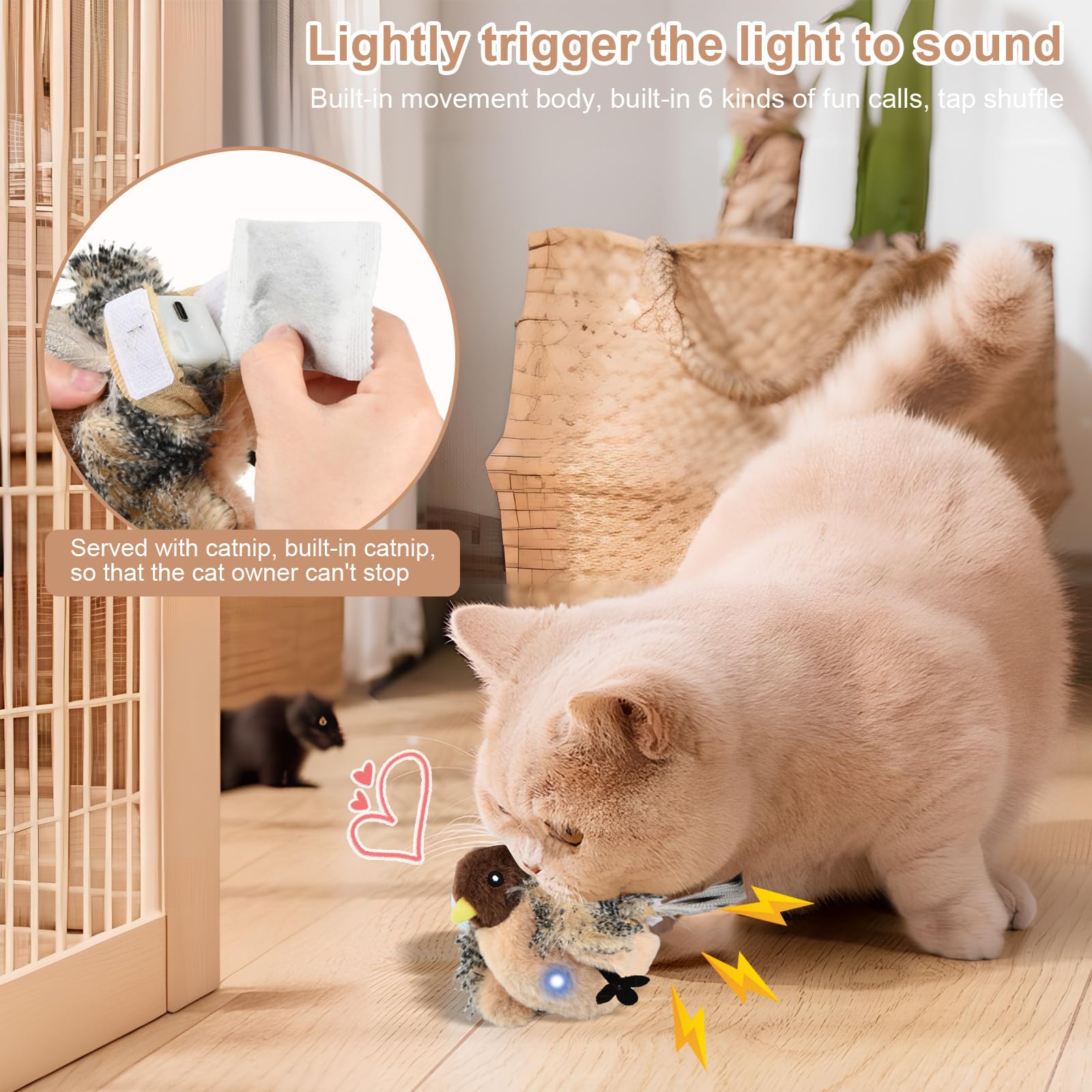 Uccello Giocattolo per Gatti che Sbatte con Erba Gatta, Telecomando, Interactive Chirping Bird Cat Toy, Gioco Gatto Uccellino Che Vola, Giochi Interattivi Per Gatti