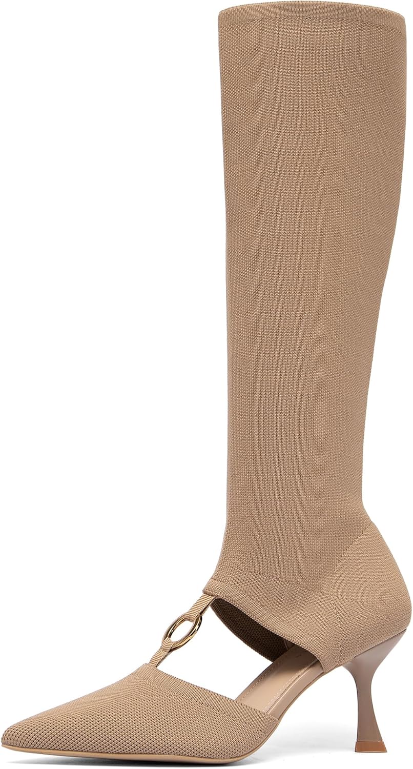 NEWBELLA Women's Slip-On Kitten Heel Knee High Boots - Breathable Mesh Hollow Boots for Spring & Fall Daily Wear