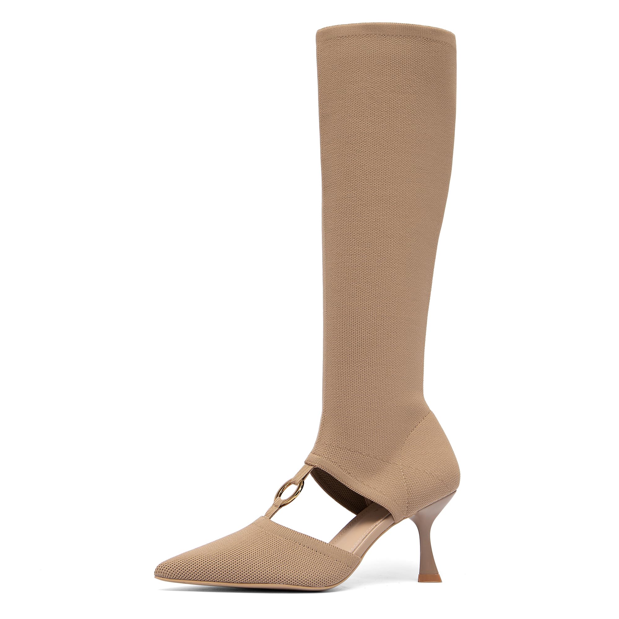 NEWBELLA Women's Slip-On Kitten Heel Knee High Boots - Breathable Mesh Hollow Boots for Spring & Fall Daily Wear