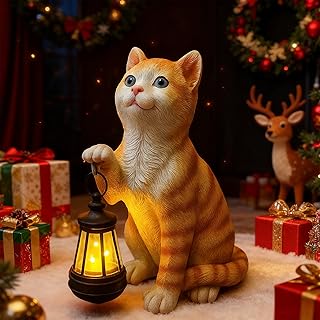Garden Decor Solar Cat Statues with Solar Lantern Outdoor Decor Lovely Tabby cat Figurine Halloween Yard Decoration Spooky Lawn and Garden Decor Holiday Party Ornament for Cat Lovers