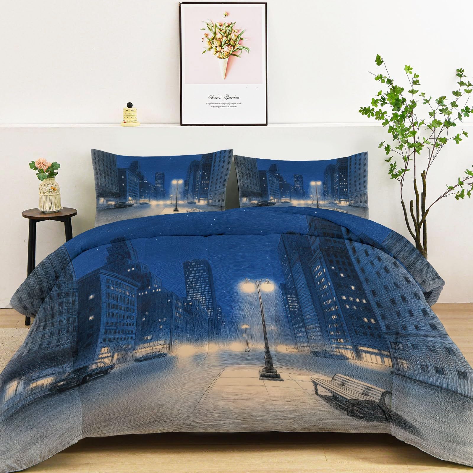 Couette 4 saisons 135x200 cm imprimée bleu lavable en machine pour lit 1 personne