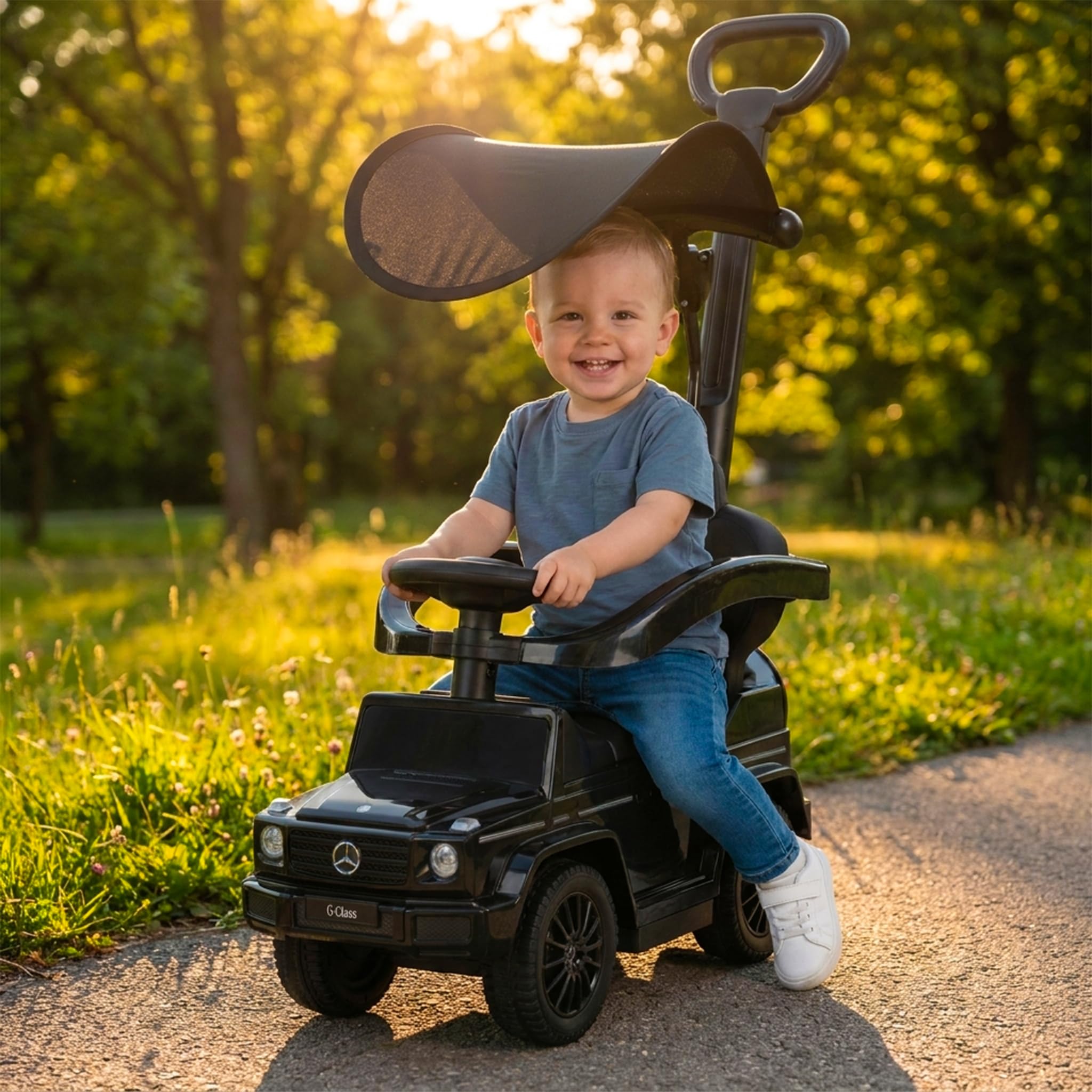 Actionbikes Motors Lauflernwagen Mercedes G350d | Rutschauto mit Schiebestange Schutzbügel Sonnendach - Kinderauto - Rutschfahrzeug - Laufrad - Gehwagen - Kinderfahrzeuge ab 1 Jahr (Schwarz 3in1)