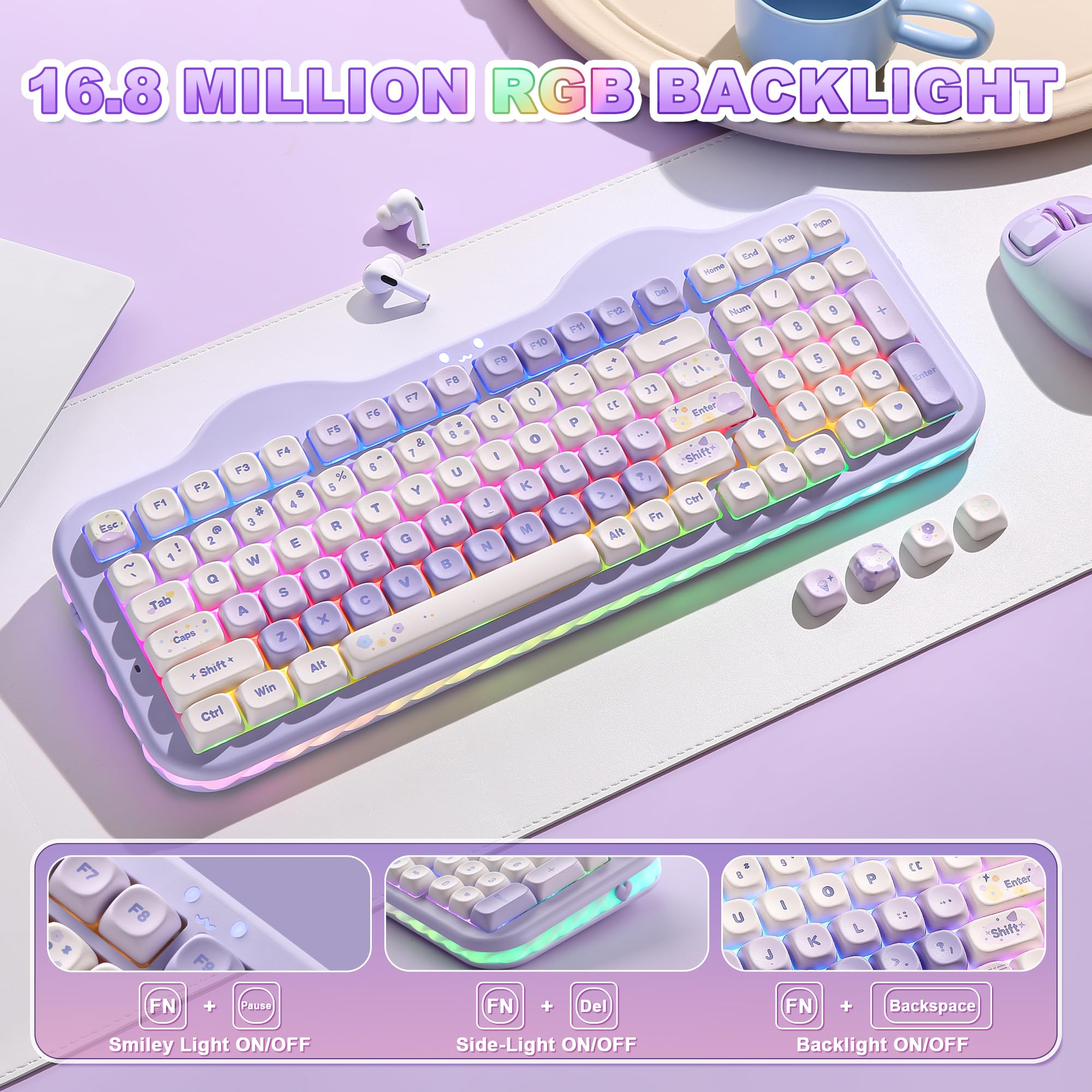 YUNZII C98 Bezprzewodowa klawiatura mechaniczna z klawiaturą numeryczną, BT5.0/2.4G/USB-C Hot Swap Gasket Mount z klawiszami PBT MOA, konfigurowalne podświetlenie RGB (Purple, Candy Linear Switch)