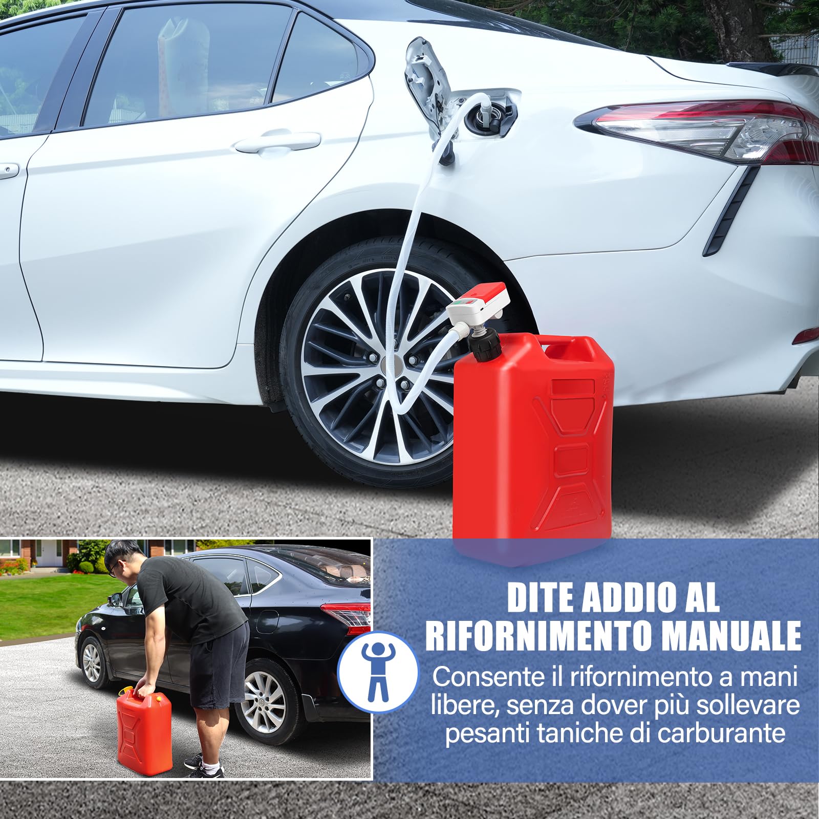 Pompa di Trasferimento del Carburante con Sensore di Arresto Automatico, travaso Benzina con 1,8M Tubo, Gasolio Elettrica con Adattatore di 4 Dimensioni