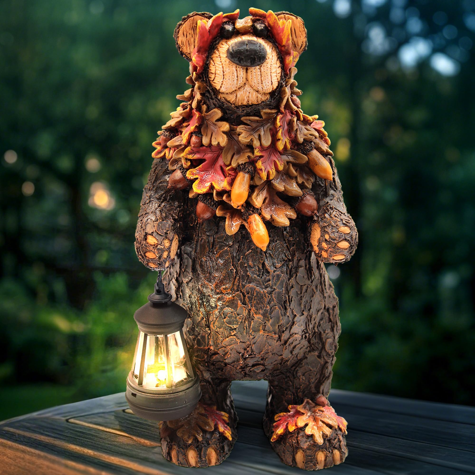 Solar Garden Statue Bear Figurine, Garden Art Outdoor Statues with Solar Lantern, Loving Bear for Patio, Balcony, Yard, Lawn, Unique Housewarming Gifts