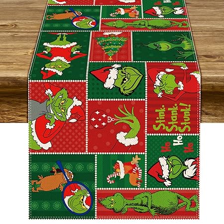 Pudodo Grinchmas Table Runner Merry Christmas Winter Holiday Party Decoration Fireplace Kitchen Dining Room Home Decor (13