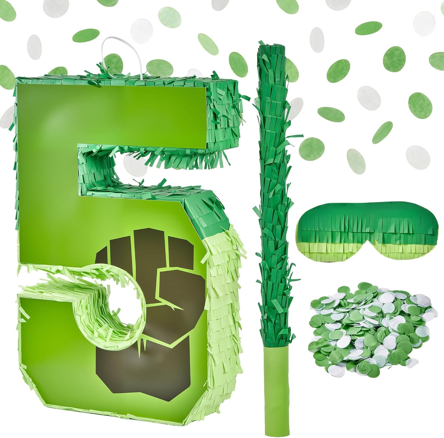 Green Superhero Birthday Pinata for Kids, 16 Inch Number 5 Piñata with Stick, Blindfold and Confetti for Boys and Girls (hlk-5th)