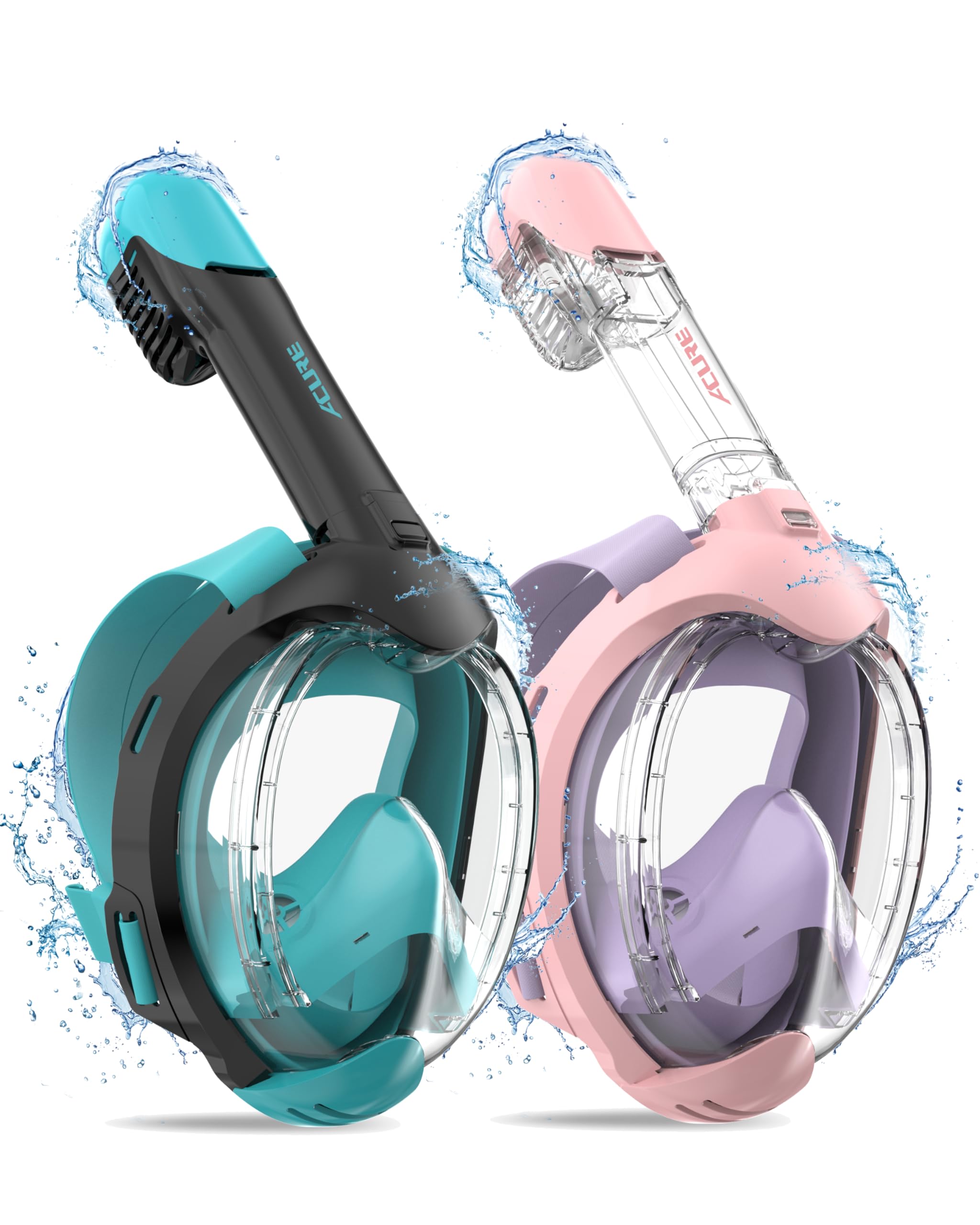 ACURE Kids Snorkel Mask Full Face SN03, Anti-Fog & Dry Top Snorkel Set, Snorkeling Gear with Easier Breathing System for 3-8 Years Old Swimming Beginners (2PCS, Purple Pink & Black Green)
