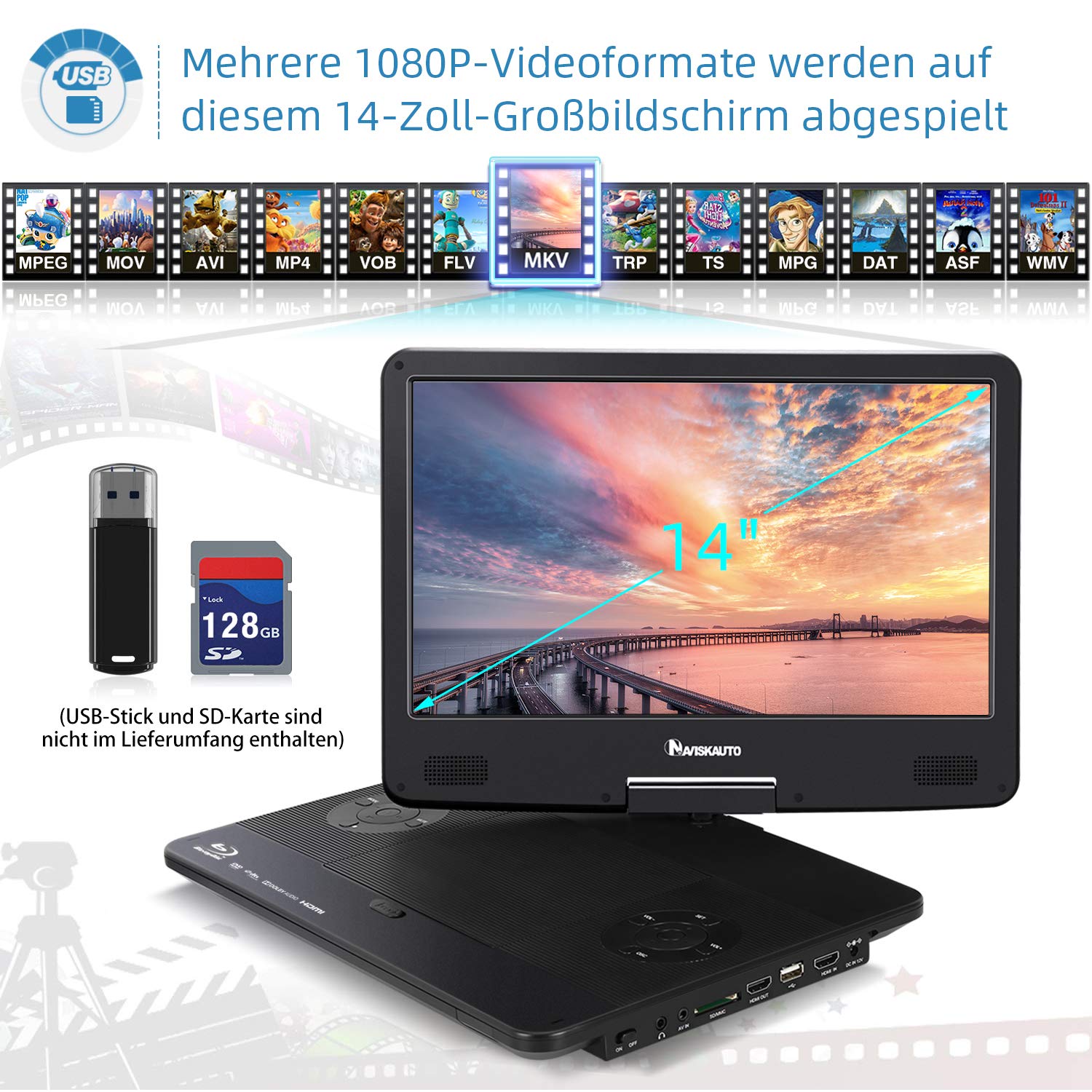 NAVISKAUTO 15,4 Zoll Tragbarer Blu Ray DVD Player Mit HDMI Kabel, 270 ° drehbar HD 1920x1080, Blue Ray Player Tragbar Inklusive wiederaufladbarem 4000 mAh Akku USB/SD
