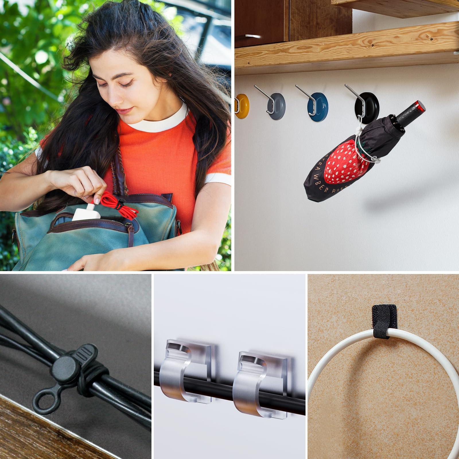 Kit organizador de cables de 48 piezas, bridas elásticas reutilizables de silicona, clips adhesivos fuertes para la gestión de cables, kit de gestión de cables multiusos para agrupar y sujetar varios