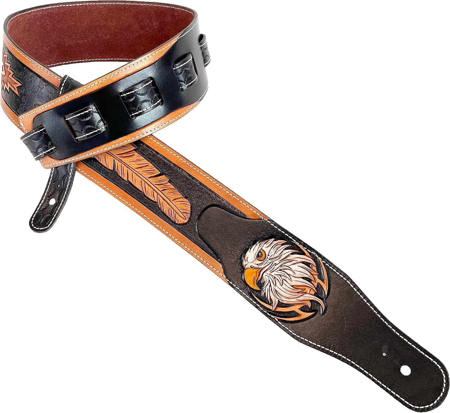 Walker & Williams LCT-21 Handmade And Tooled Black And Tan Super Premium Leather Guitar Strap with Native Feather & Eagle For Acoustic, Electric, And Bass Guitars