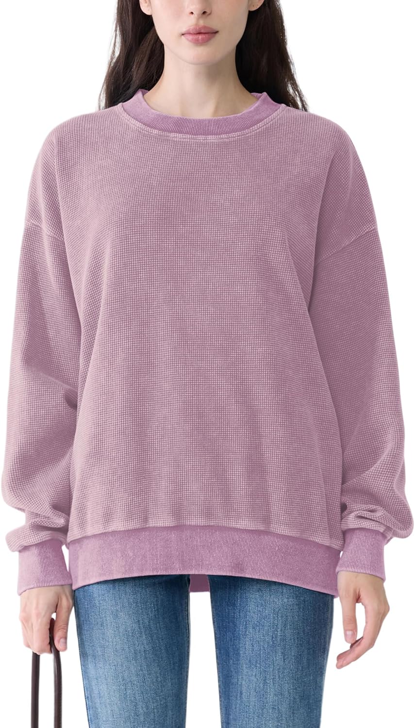 FAIABLE Crewneck Sweatshirts Women Waffle Oversized Sweatshirt for Women Acid Wash Fashion Pullover Hoodies Tops 2026 Spring - Image 2