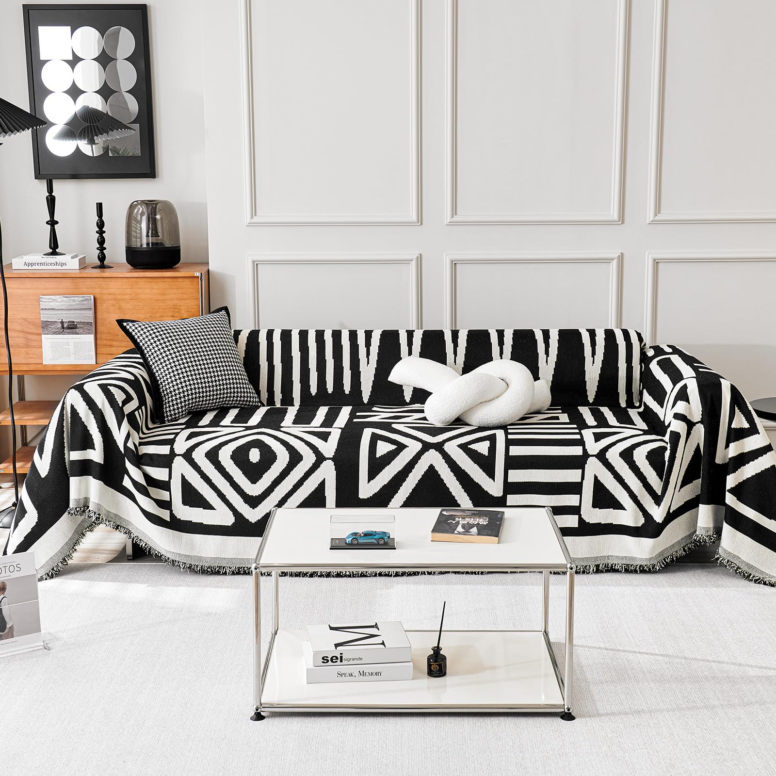 TAOTAOGO Sofa Cover 2 3 Seater Boho Chenille Corner Sofa Slipcover Washable L Shape Sofa Covers Reversible Sectional Couch Cover with Tassel Furniture Protector Loveseat Futon Cover A Black 180x300cm