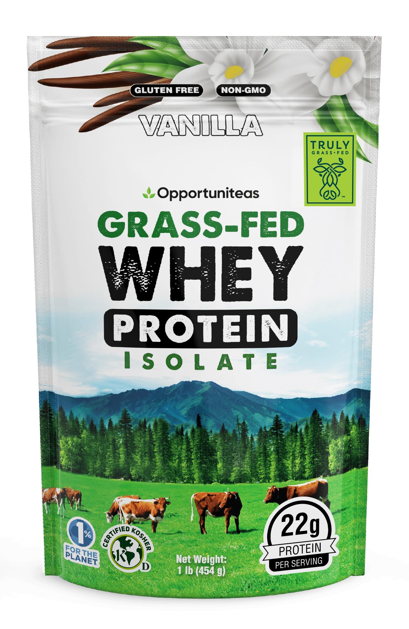 Grass Fed Vanilla Whey Protein Isolate Powder - 22g Protein Powder Without Artificial Sweeteners, Hormone-Free Cows, Non GMO - 1lb