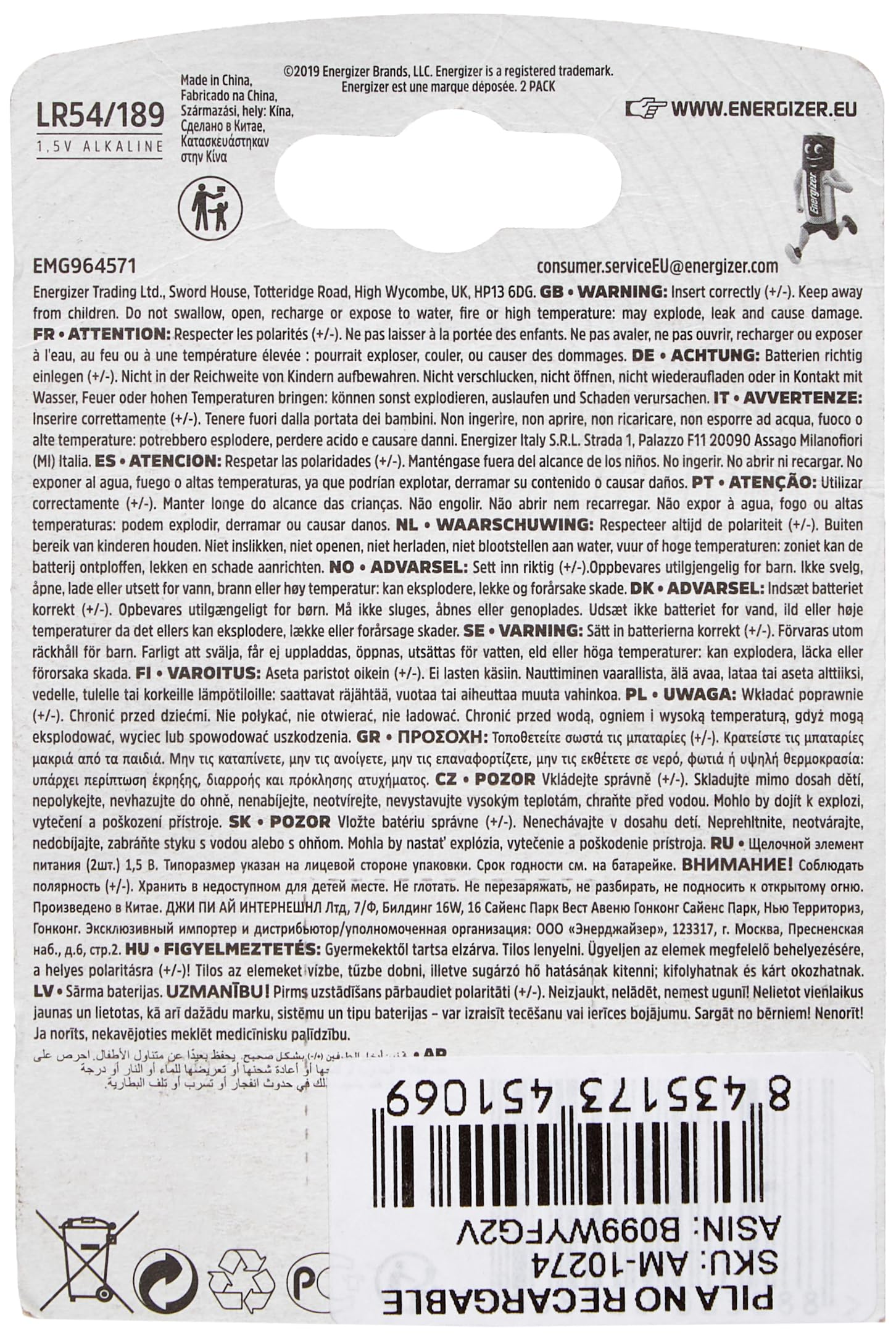 Energizer LR54 / 189 Knopfzellen – 20 Stück (10x2 Blister), 1,5V, Alkalibatterien