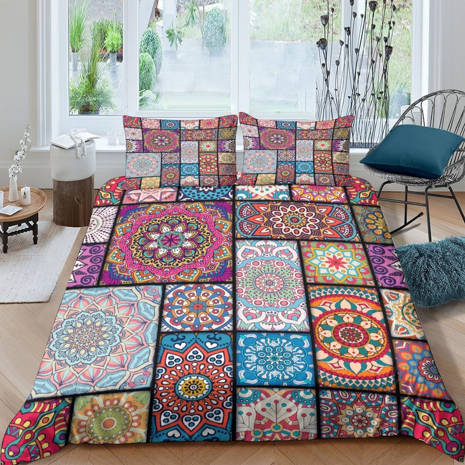 Ctjqhvkz Style-4 3D Printed Mandala Patchwork Fitted Sheet Microfiber Soft Breathable Boho Mosaic Bed Cover For Bedroom Dorm Mattress Protection Decor Single（135X200cm）
