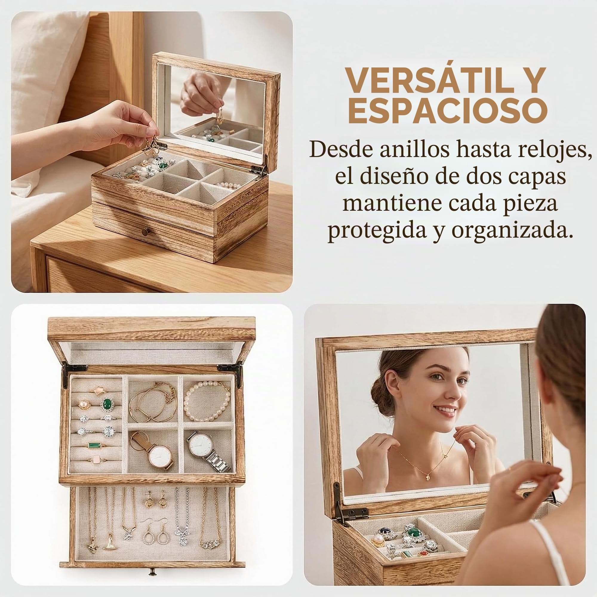 Tebery Caja Organizadora de Joyas de Madera Rústica con Espejo para Mujeres y Niñas, Caja de Almacenamiento de Joyas Vintage de 2 Capas con Bandeja para Anillos, Collares, Aretes, Pulseras (Madera