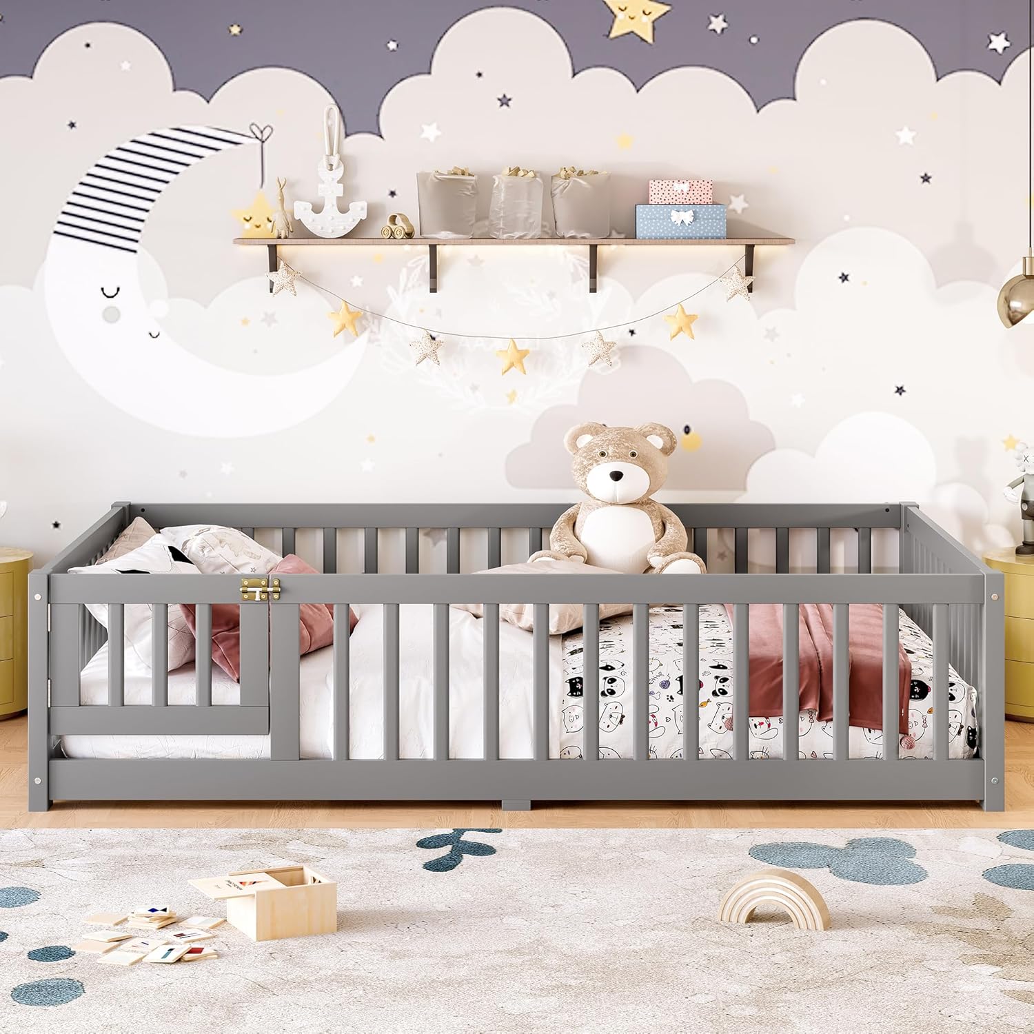 KEIKI Twin Size Floor Bed, Low Montessori Bed with Safety Guardrails and Door, Solid Wood Bed Frame for Boys & Girls, Natural