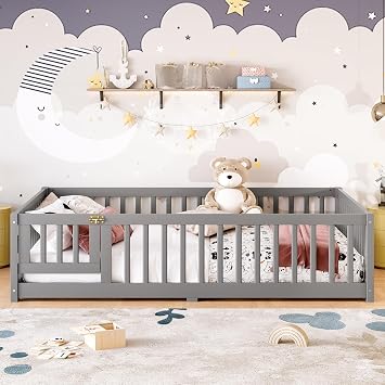 Full Size Floor Bed Frame with Safety Guardrails and Door, Gray