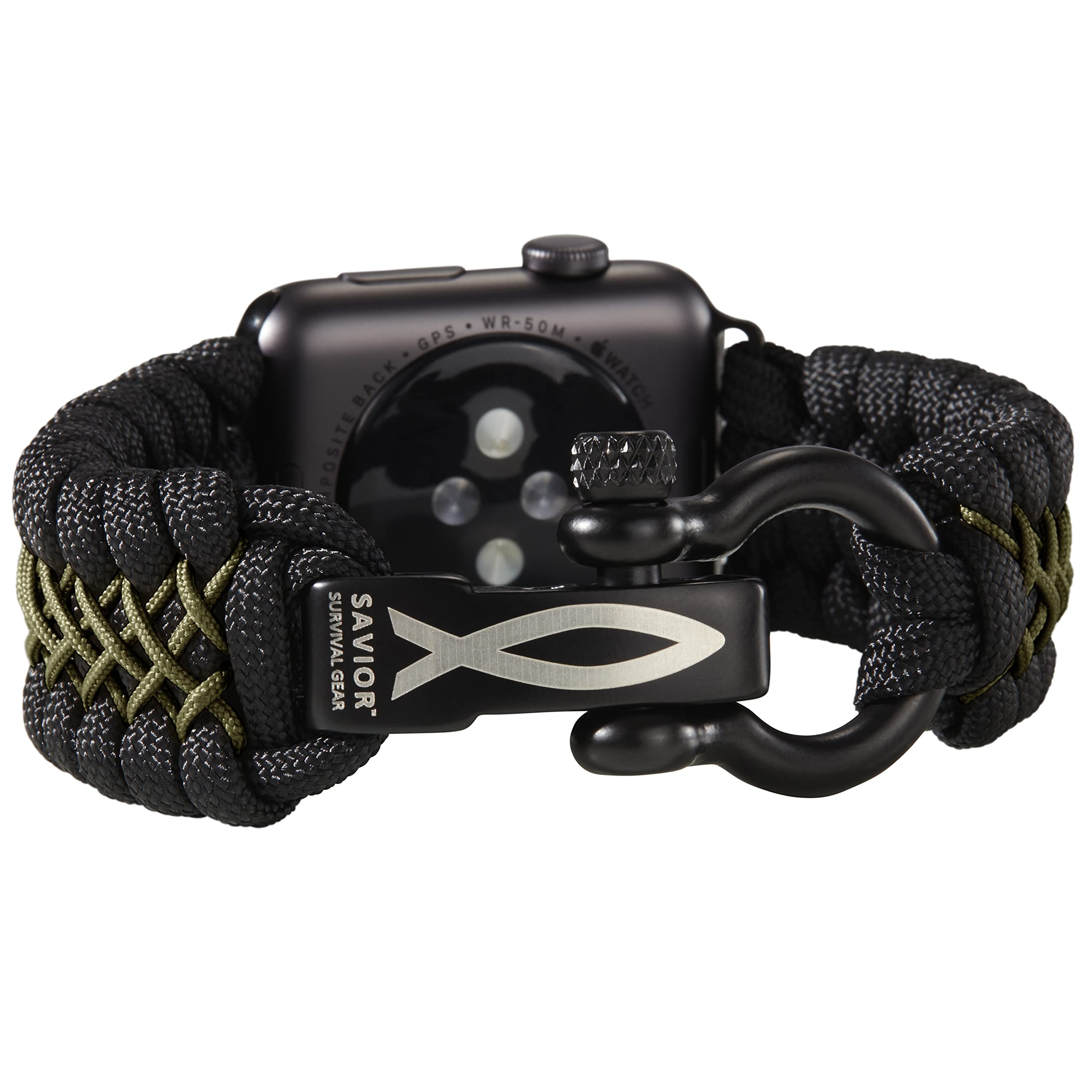 Savior Survival Gear Paracord Watch Band, Compatible with Apple Watch Band 49mm 46mm 45mm 44mm 42mm - iWatch Band Series Ultra 10 9 8 7 6 5 4 3 2 1 SE – Adjustable strap for men (Black - Green, Large)