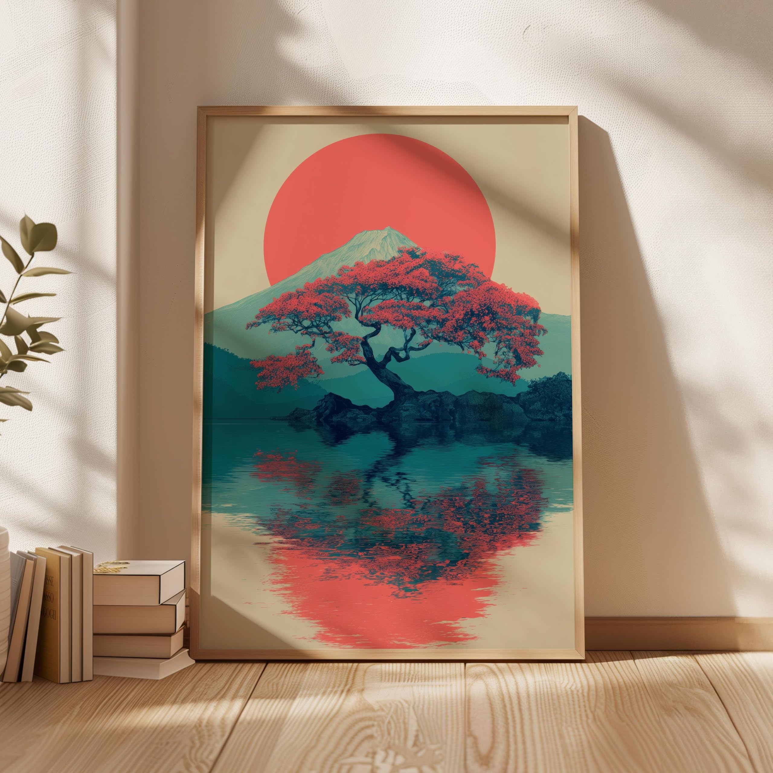LMYCHENG Mount Bonsai Tree Canvas Print, Red Sun Landscape Wall Art, Minimal Zen Nature Poster, Painting for Office Home Decor(70x110cm/Frameless)