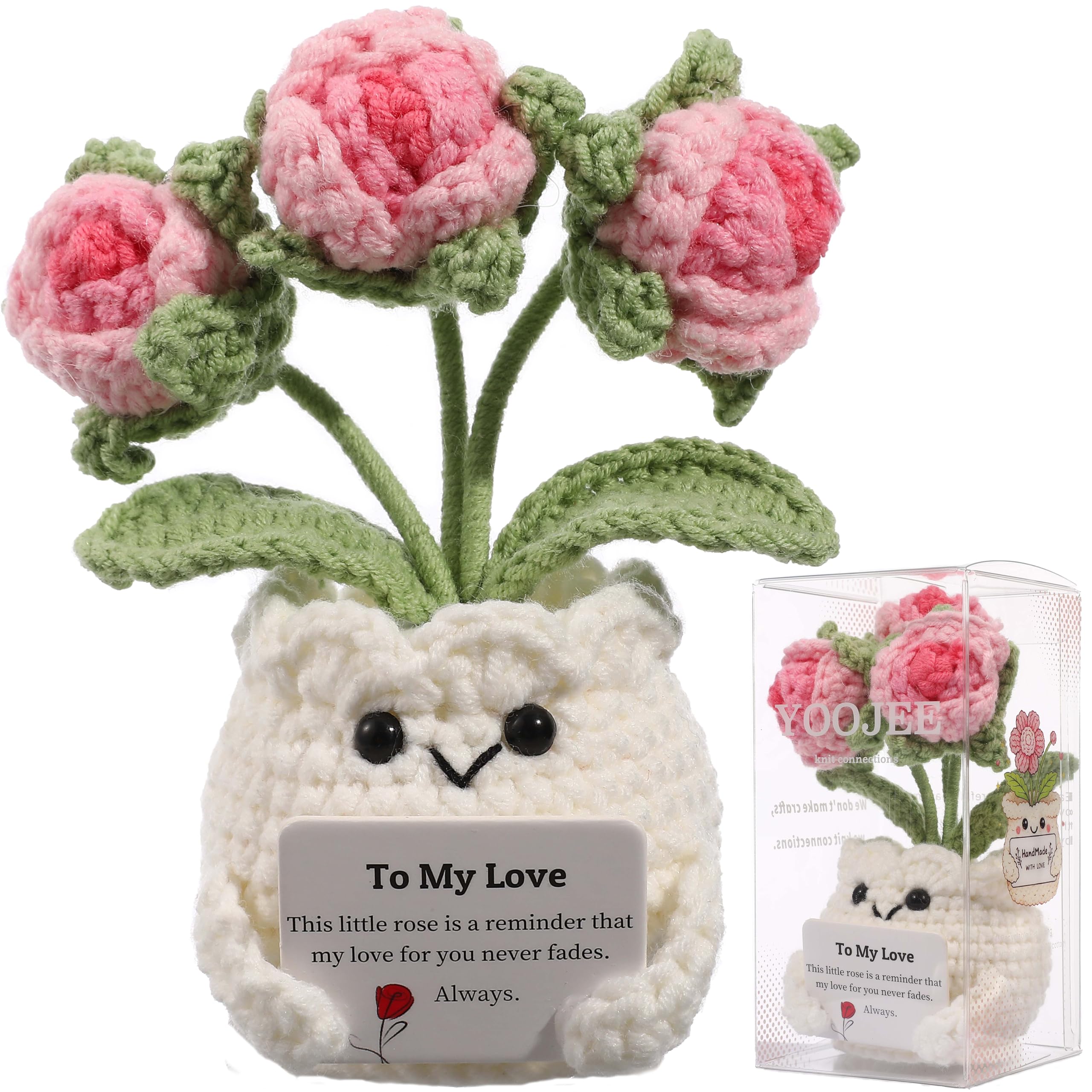 Crochet Rose Gift for Her – Handmade Pink Rose Flower Pot “to My Love”, Romantic Gift for Girlfriend, Wife, Anniversary Birthday Gift Romantic Valentines I Love You for Wife Husband Couples
