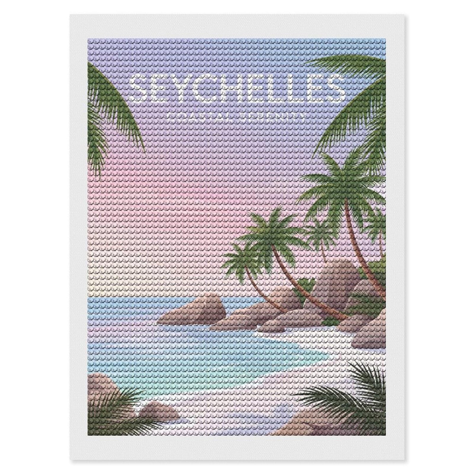 Junmoney Seychelles Coastal Serenity Diamond Painting Kit 12"x16", Adhesive Canvas, Home Wall Decor, for Beginners, Birthday Gift, Full Kit Included