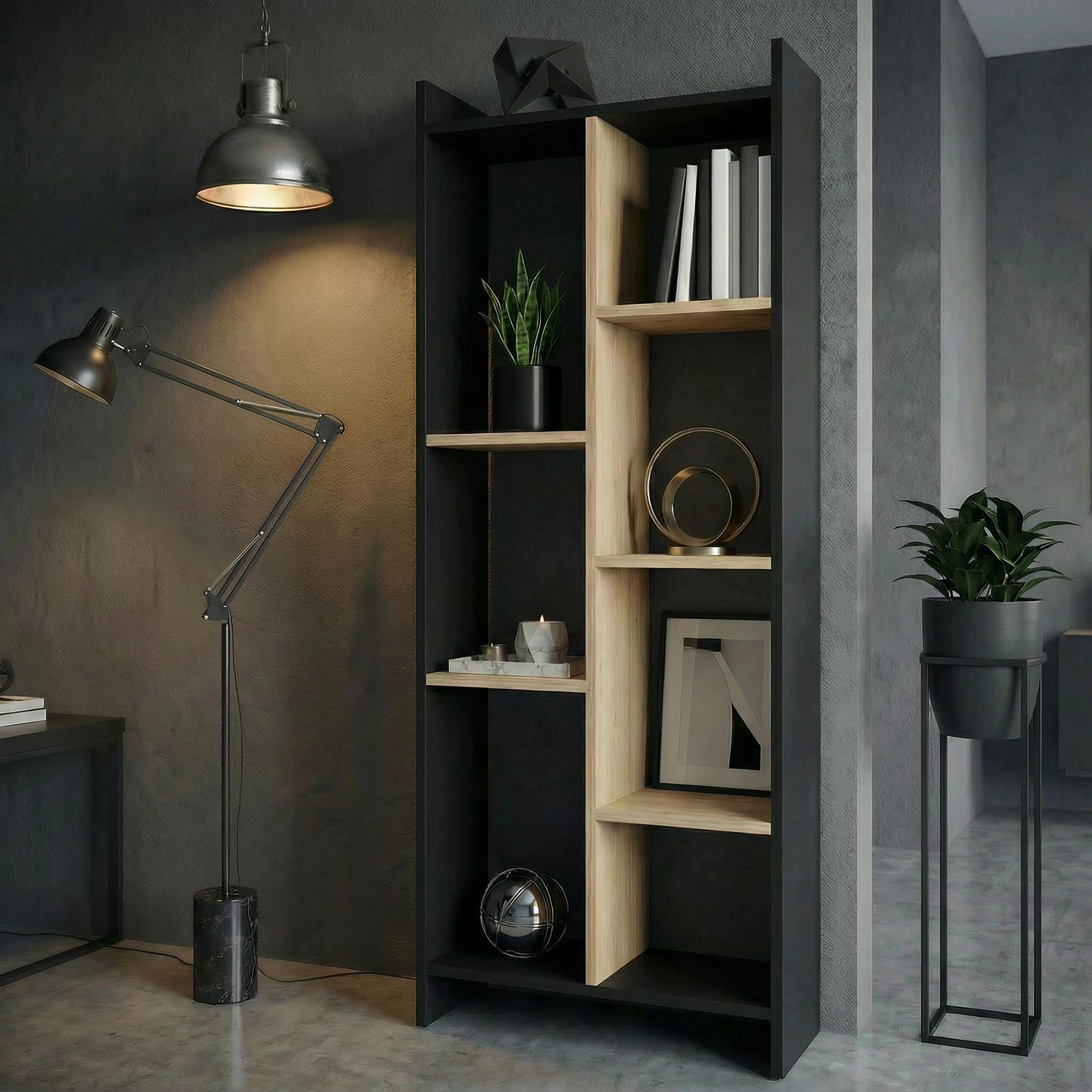 Raywud Skyline Open Display Unit – Modern 6 Tier Bookcase, Tall Engineered Wood Bookshelf for Living Room, Bedroom & Home Office Storage Organizer | DIY Assembly (Black & Gold Oak)-image-3