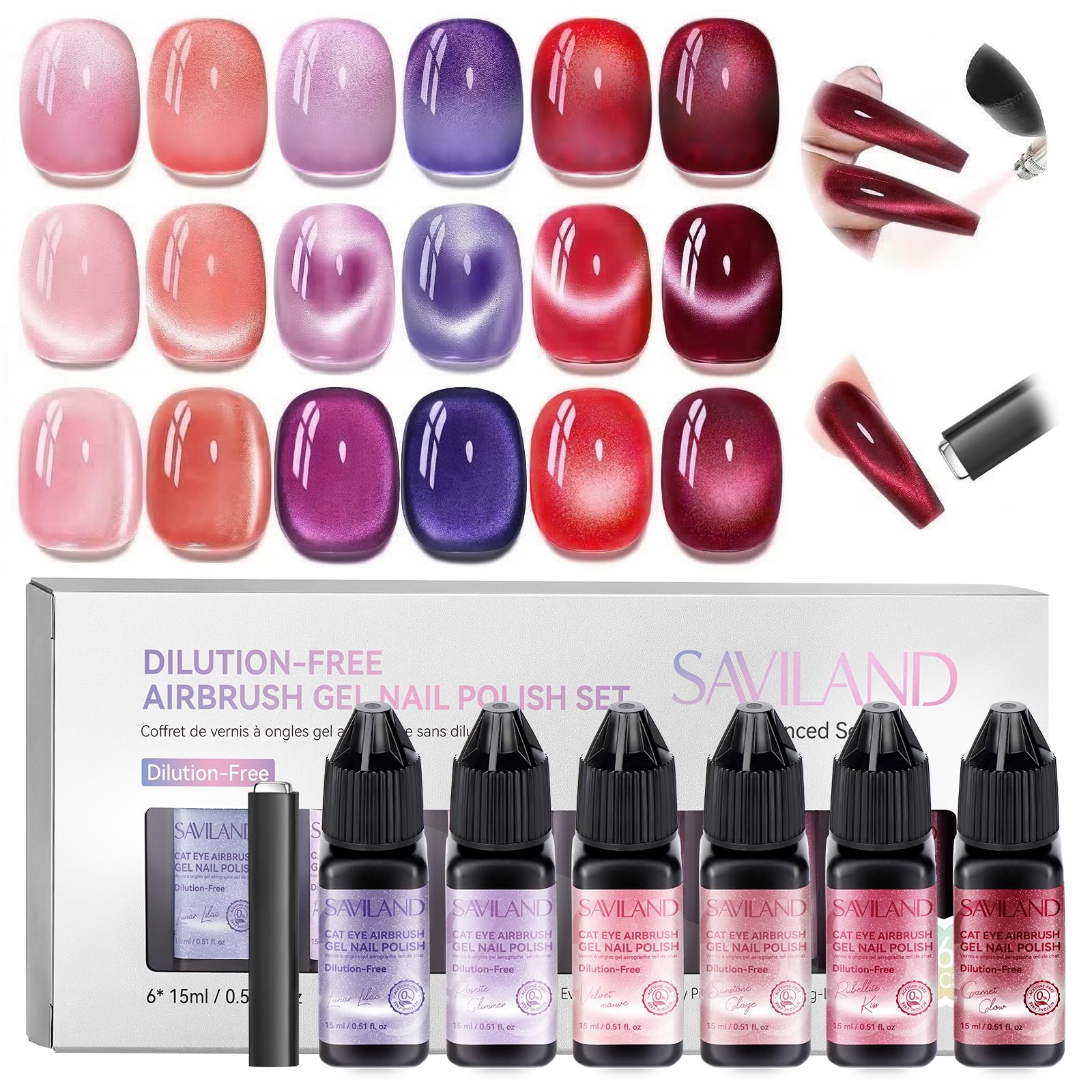 SAVILAND Smalto Gel Cat Eye per Aerografo senza Diluente 6 Colori Vintage Rose Velvet Smalto Gel Magnetico senza HEMA e Acetone, Forte Opacità Fine per Nail Art Ombré e French con Magnete