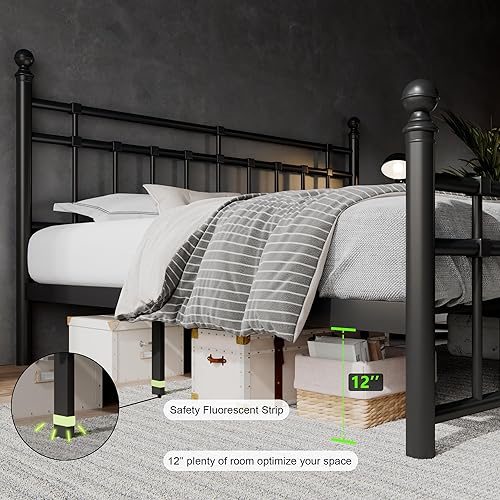 Miniatura 12 de Feonase Base de cama de plataforma de metal de tamaño matrimonial con cabecero y estribo clásico victoriano, listones resistentes, almacenamiento