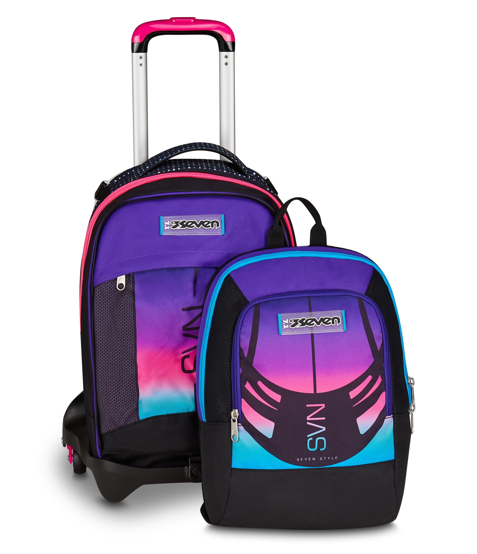 Seven Trolley Scuola Jack 3 Ruote Detach Nuanced, Fucsia Azzurro, Zaino Con Carrello Sganciabile Da 37 Litri, Tasca Borraccia, Zainetto Staccabile, Multiuso e Spazioso, Per Scuola Elementare e Media,