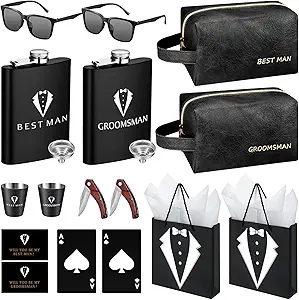 20Pcs Groomsmen Gifts Groomsmen Proposal Box with Flasks Sunglasses PU Leather Toiletry Bag Bottle Opener for Wedding Groomsman Best Man Gift (2, Black)