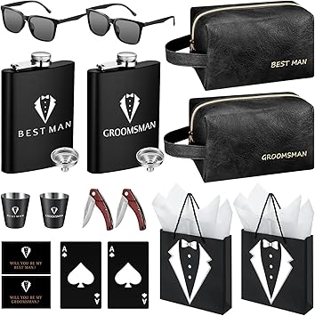 20Pcs Groomsmen Gifts Groomsmen Proposal Box with Flasks Sunglasses PU Leather Toiletry Bag Bottle Opener for Wedding Groomsman Best Man Gift (2, Black)