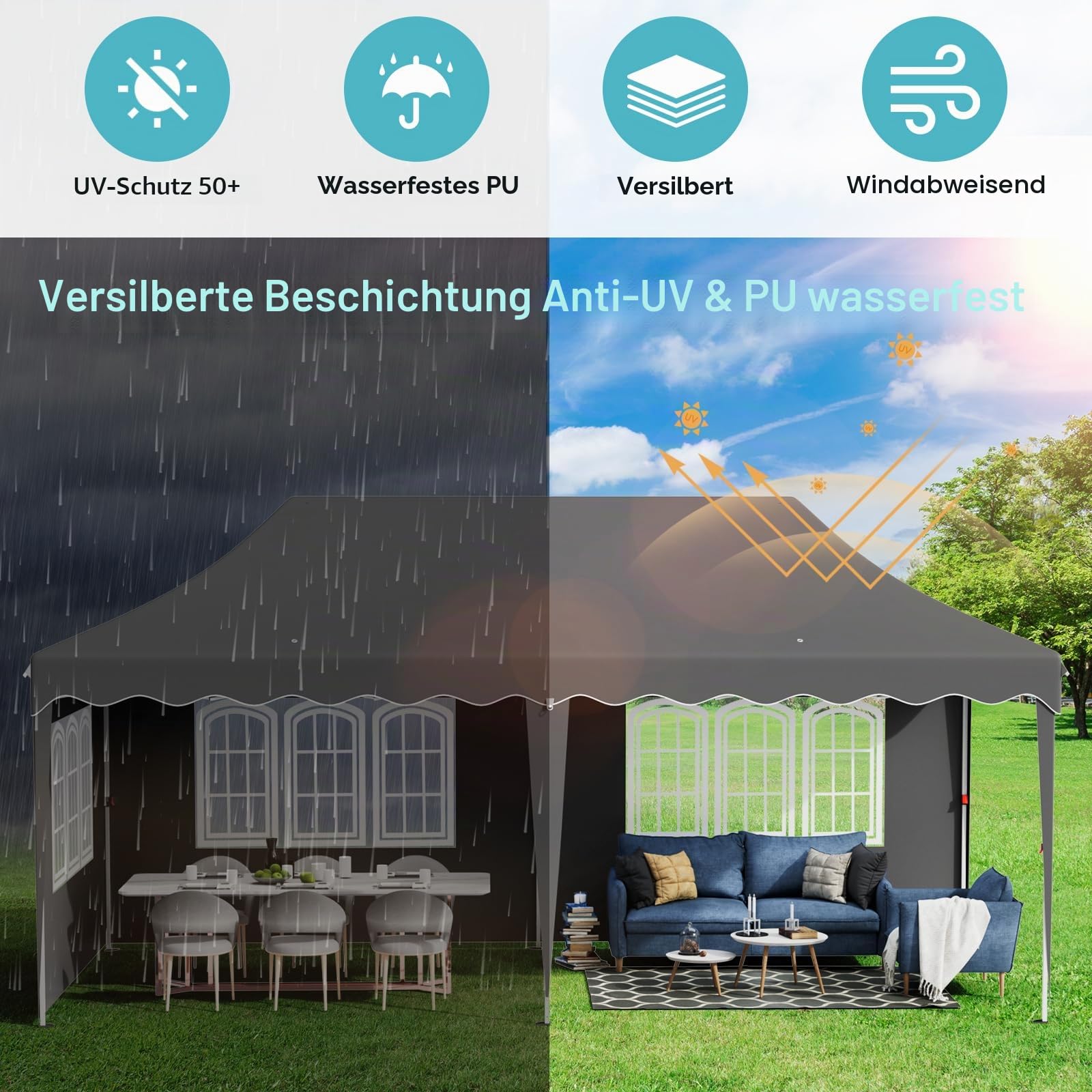 Pavillon 3x6 mit 6 Seitenwänden, Faltpavillon 3x6 Wasserdicht Stabil Winterfest, Faltbar Partyzelt 3 x 6, Anti-UV 50+ Gartenpavillon, 6 PCS Sandsack 12 Erdhaken, für Markt, Hochzeiten, Patio, Grau