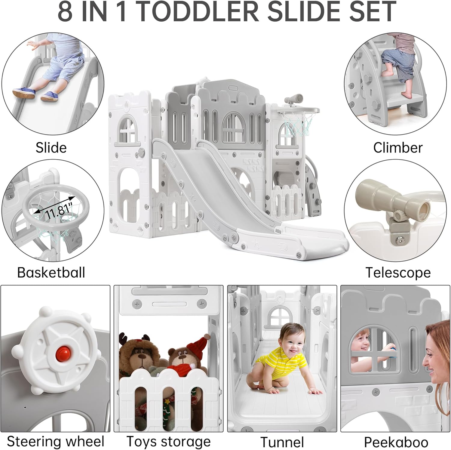 Toddler Slide 8 in 1 Toddler Playset for Toddlers Age 1-3, Baby Playset for Indoor Outdoor Playground with Climber, Crawling Tunnel, Basketball Hoop, Telescope, Toy Storage