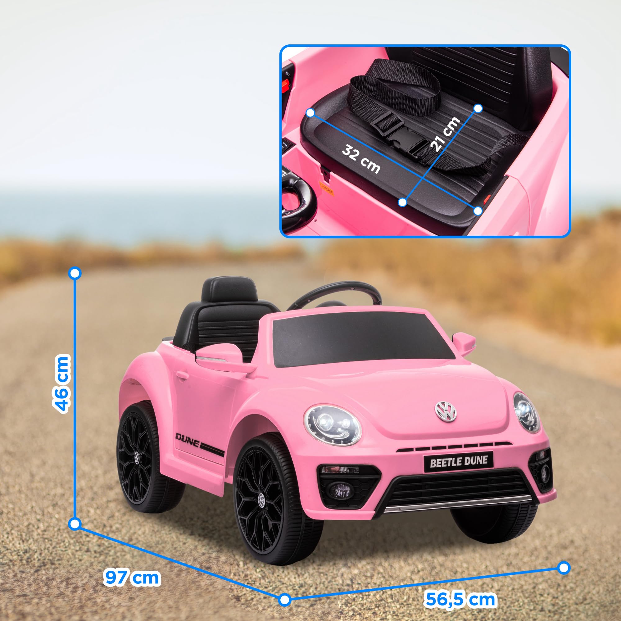AIYAPLAY Coche Eléctrico para Niños de +3 Años Volkswagen Beetle 12V Rosa | Carro Eléctrico Infantil, Mando a Distancia, Faros, Bocina y Música