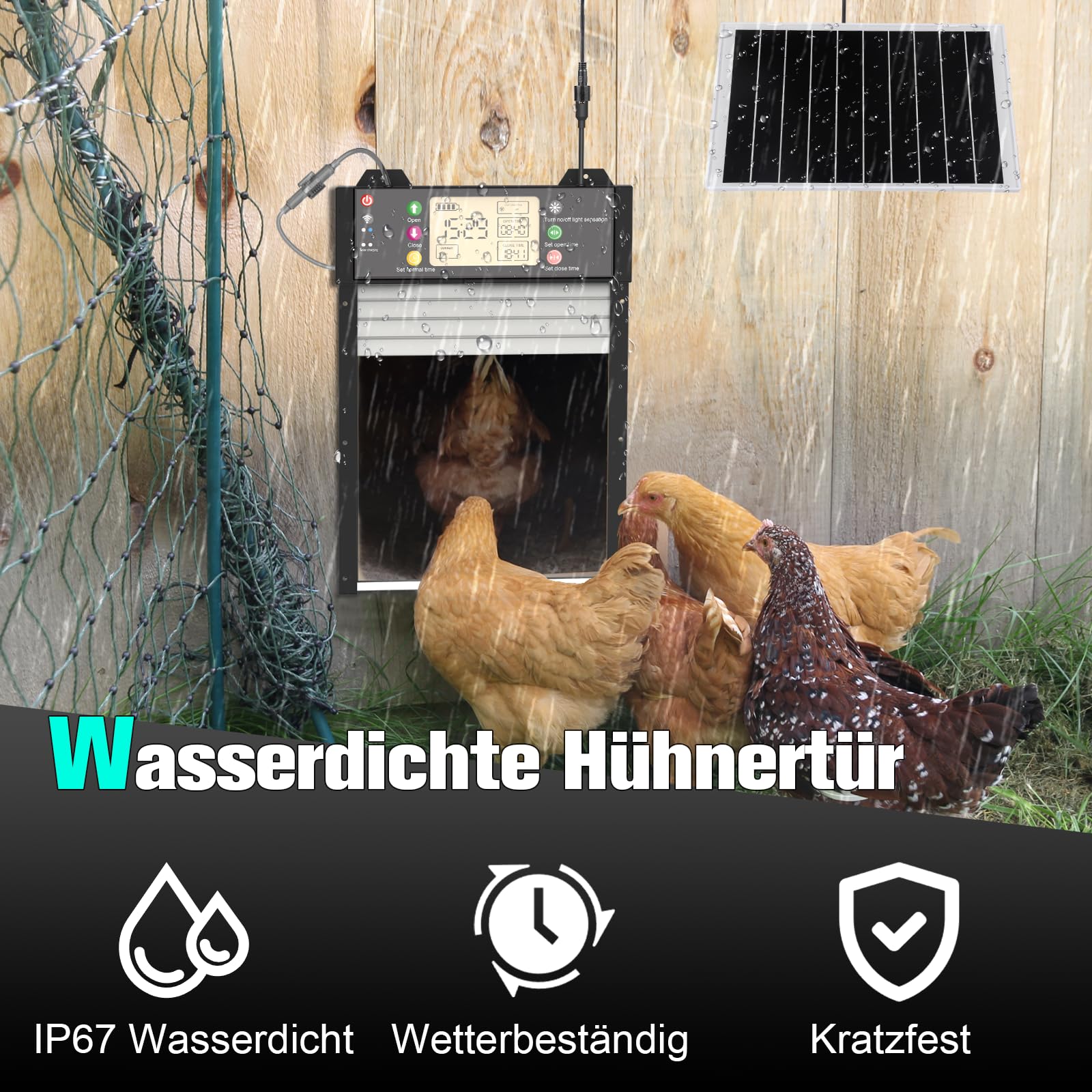 Gallinero automático solar con control por aplicación WiFi, puerta eléctrica automática con batería de 4000 mAh, temporizador, sensor de luz, protección contra pellizcos, pantalla LCD para gallinero