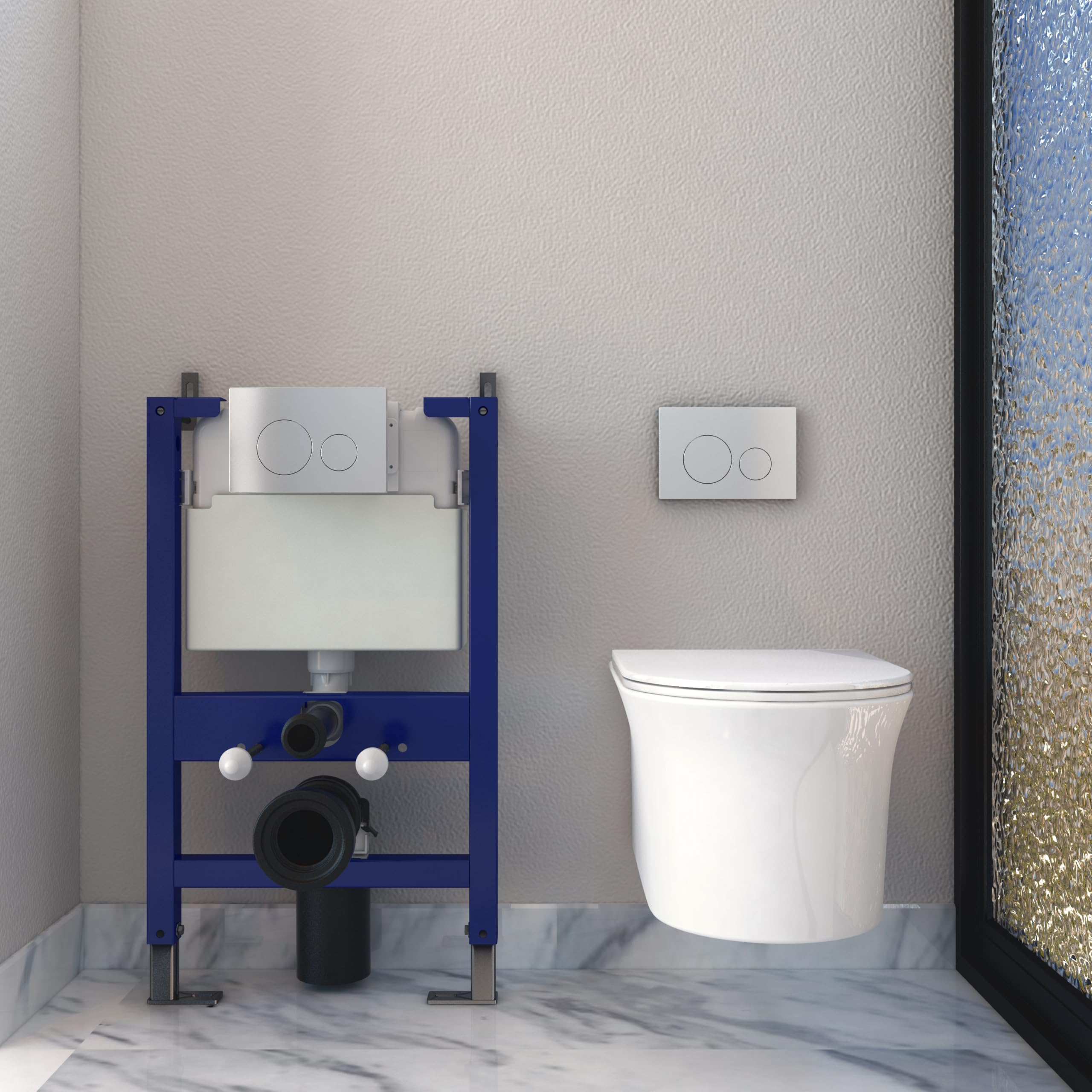 Simple Bathrooms Complete Set-365-Aw-Uf+X201 Round Rimless Wall Hung Toilet Modern Bathroom Short Projection Wc Pan With 0.82M Concealed Cistern Frame Uf Soft Close Seat White-36201
