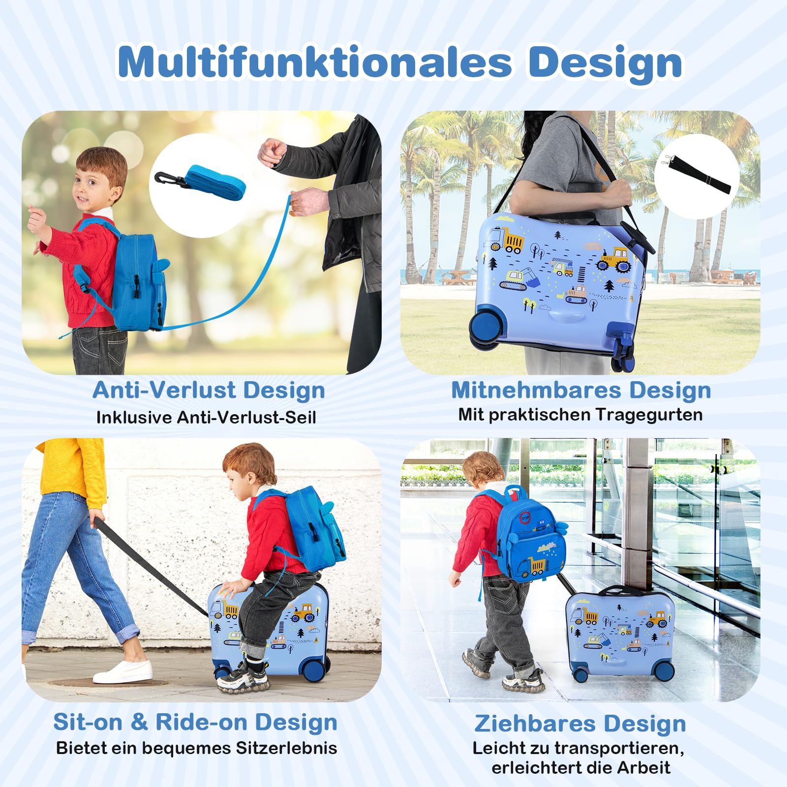 COSTWAY 2tlg Kinderkoffer + Rucksack, 12"+18" Kindertrolley mit Rollen & wasserdichter Hartschale, Kindergepäck mit Tragegurt, Seil & Fußstützen, Rollkoffer für Jungen Mädchen (Bagger)