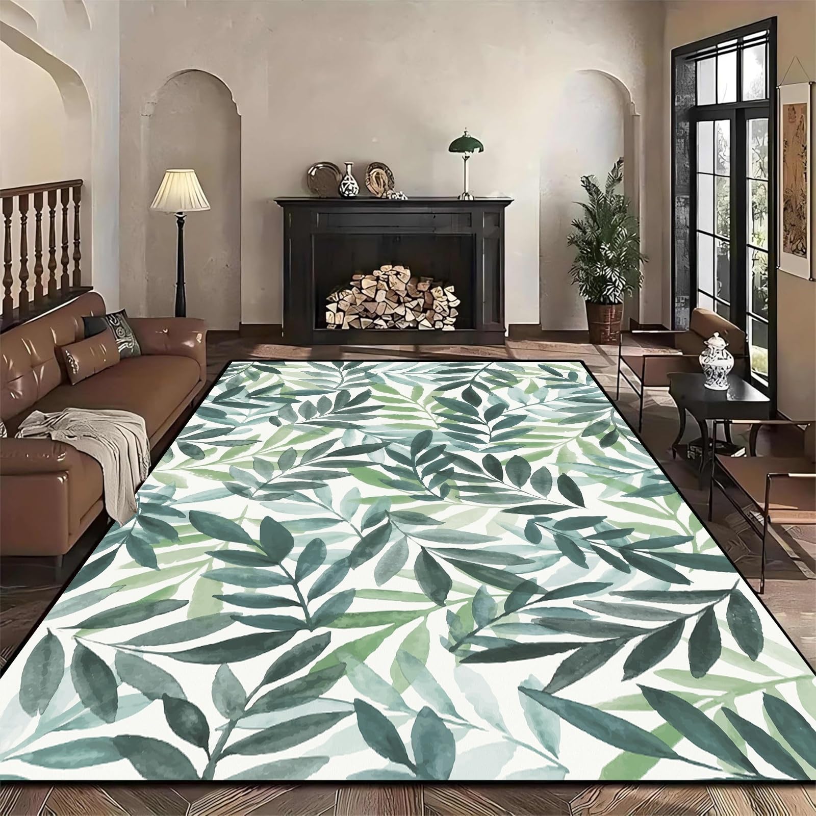 Modern Leaf Washable Rug, 60x90cm Tropical Green Eucalyptus Leaf Stylish Simple Indoor Carpet, Soft Non-Slip Non-Shedding Leaves, Pet and Child Friendly Easy Clean Rugs for Entrance Hallway Office
