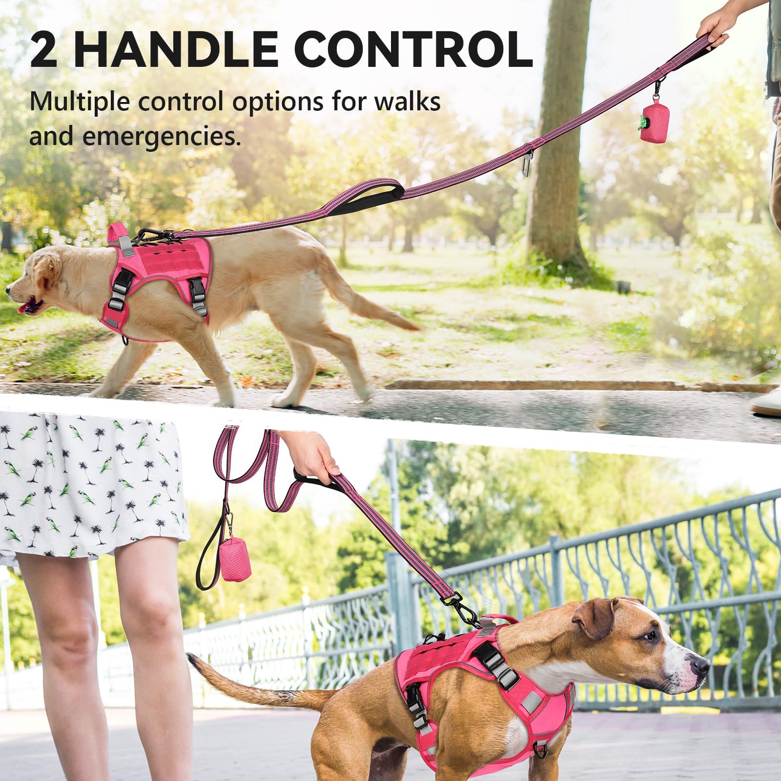 WINGOIN Correa resistente para perros grandes, medianos y pequeños, correa táctica reflectante de entrenamiento para perros con asas dobles, soporte para bolsa de excrementos, hebilla de seguridad,