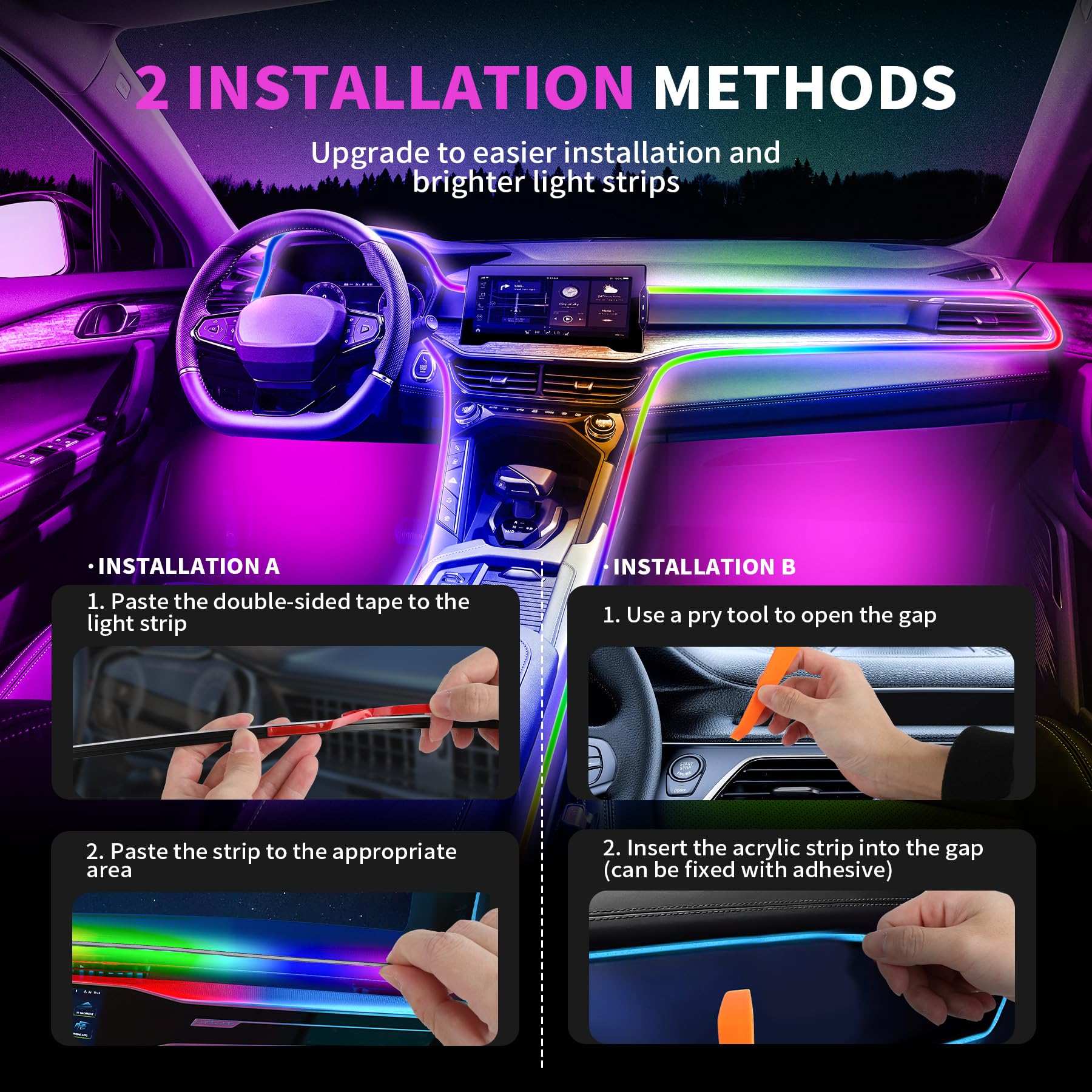 LED éclairage intérieur Voiture USB, Arc en Ciel RGBic 210 Modes Clignotants,Auto LED éclairage intérieur 2 en 1 pour Console Centrale et 4 éclairage du Plancher