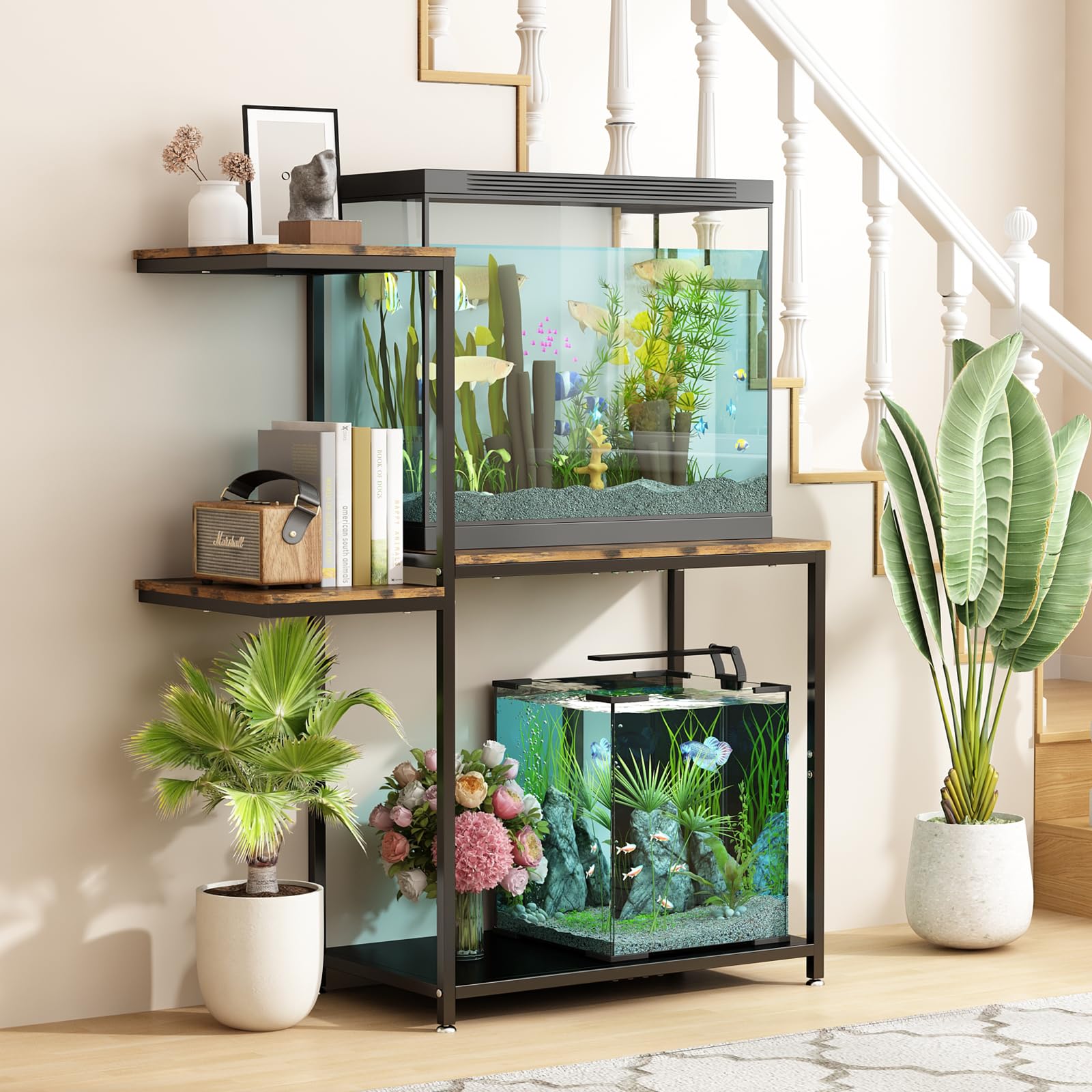 GILLAS 20-25 Gallon Fish Tank Stand, Metal Double Aquarium Stand with Shelf for Fish Tank Accessories Storage, 24.4" x 14" Tabletop Fits Aquarium,Turtle Tank or Reptile Terrariums